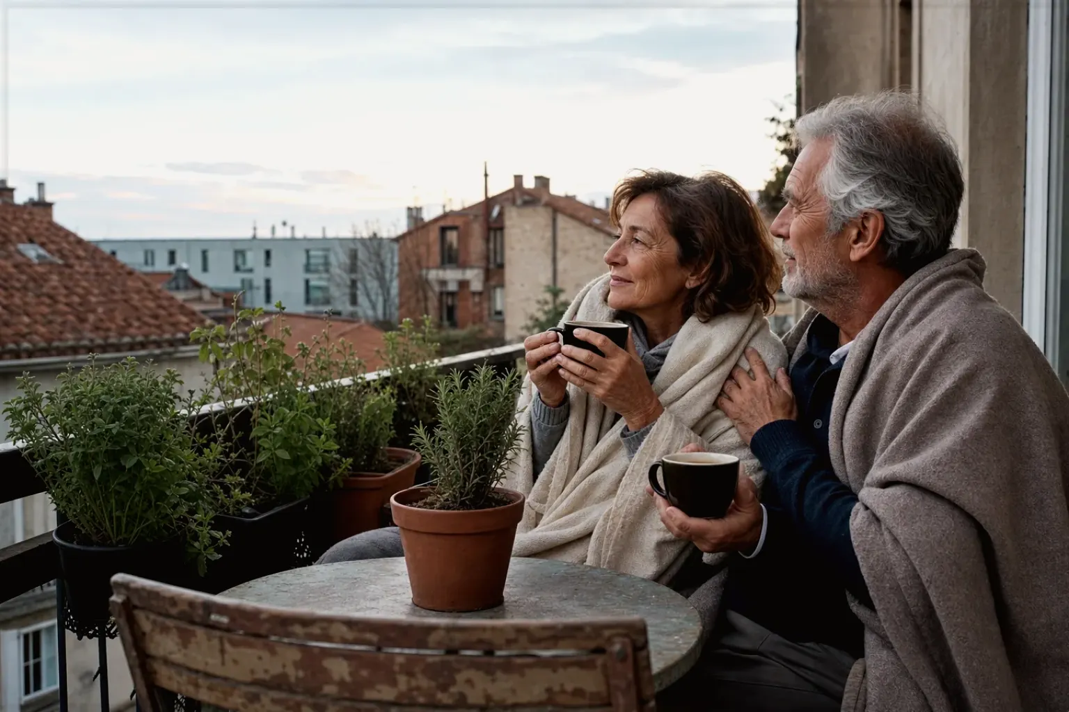 Ein älteres Paar teilt am frühen Morgen Kaffee auf einem kleinen Balkon – gezeigt für So arbeiten wir im Redaktionsseite.