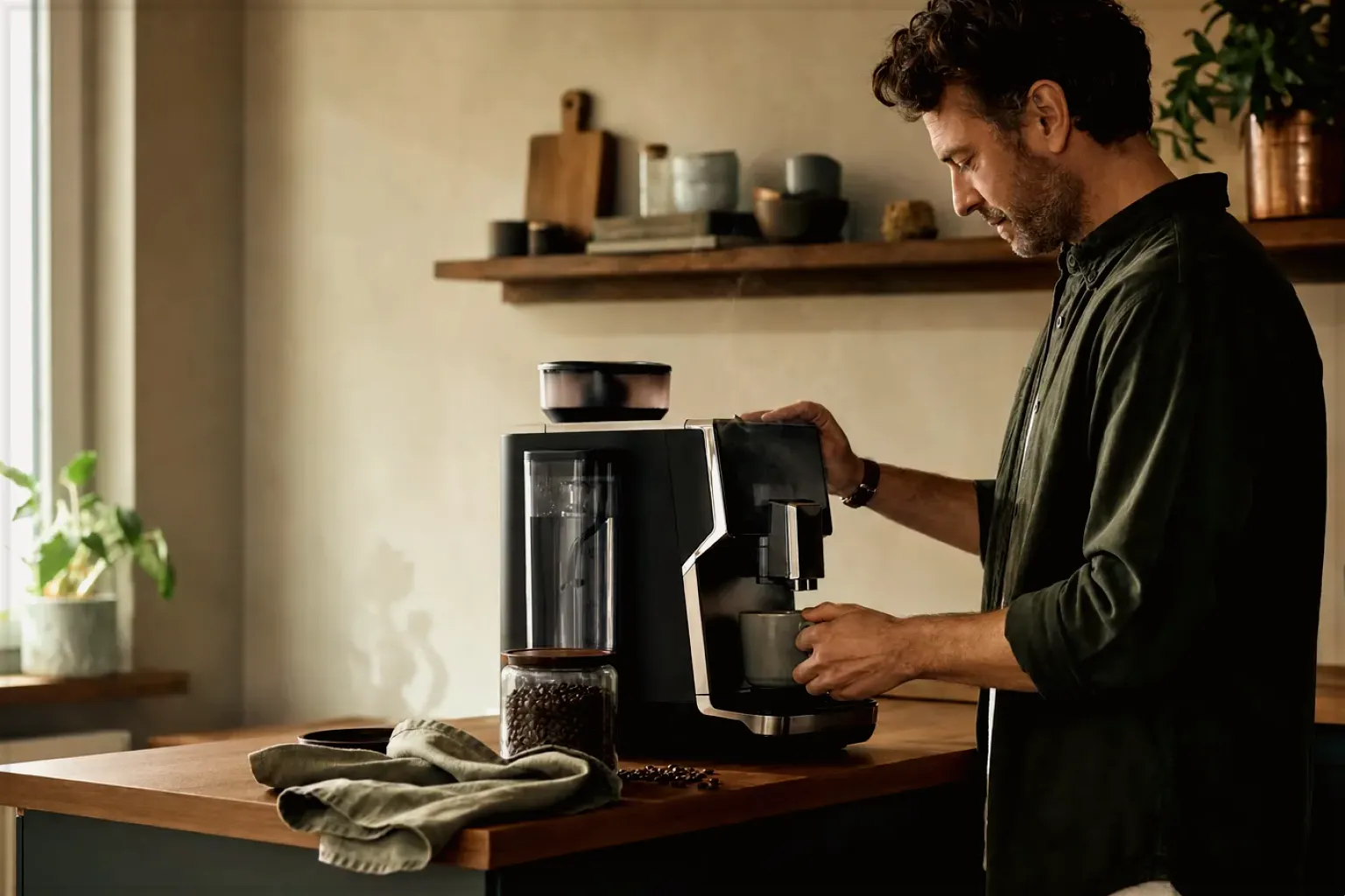 Ein Mann bereitet morgens Kaffee in seiner Küche zu – gezeigt für So arbeiten wir im Redaktionsseite.