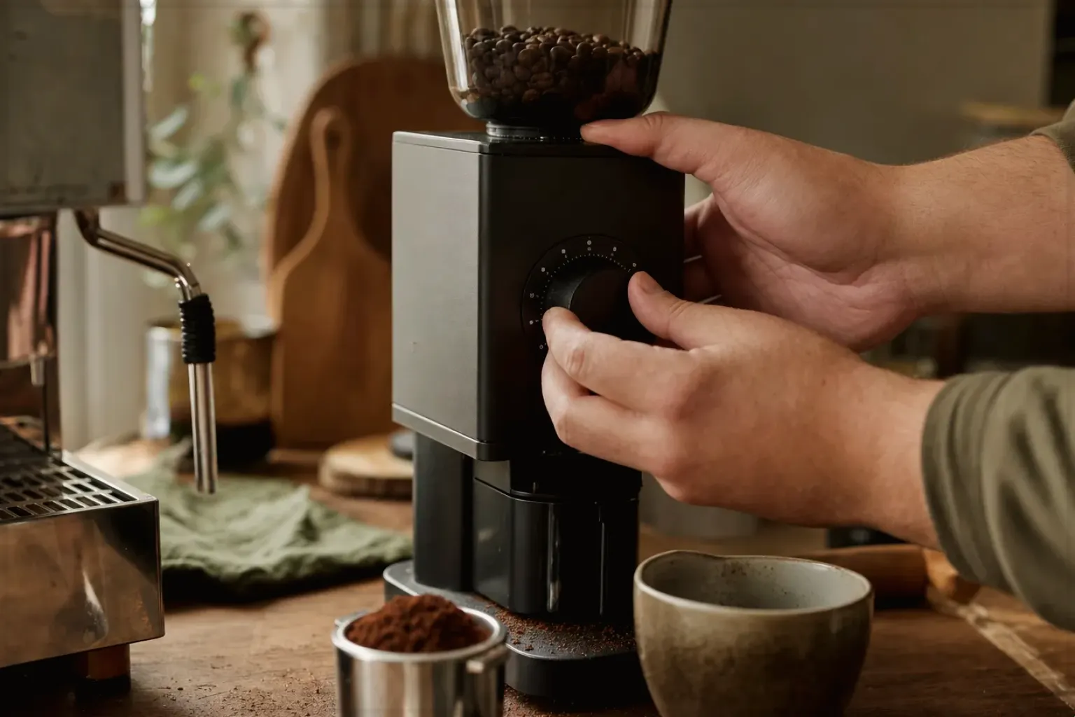 Zwei Hände stellen den Mahlgrad an einer Kaffeemühle neben einer Espressomaschine ein – gezeigt für So arbeiten wir im Redaktionsseite.