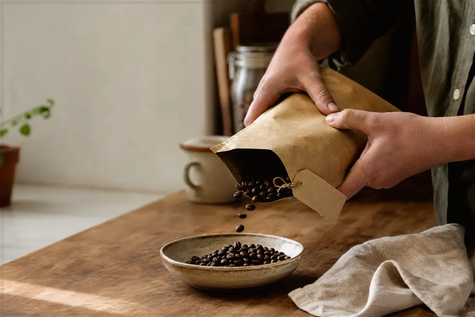 Hände füllen frisch geröstete Kaffeebohnen aus einer Papiertüte in eine Keramikschale – gezeigt für So arbeiten wir im Redaktionsseite.