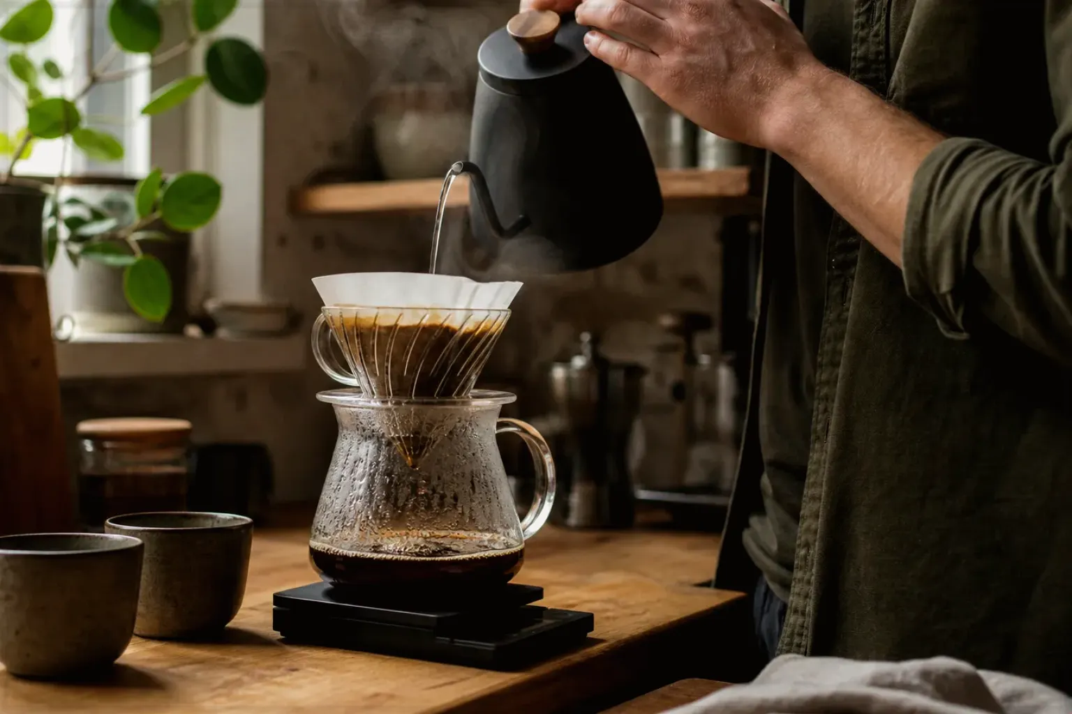 Filterkaffee wird mit einem Schwanenhalskessel von Hand in einer Küche aufgegossen – gezeigt für So arbeiten wir im Redaktionsseite.