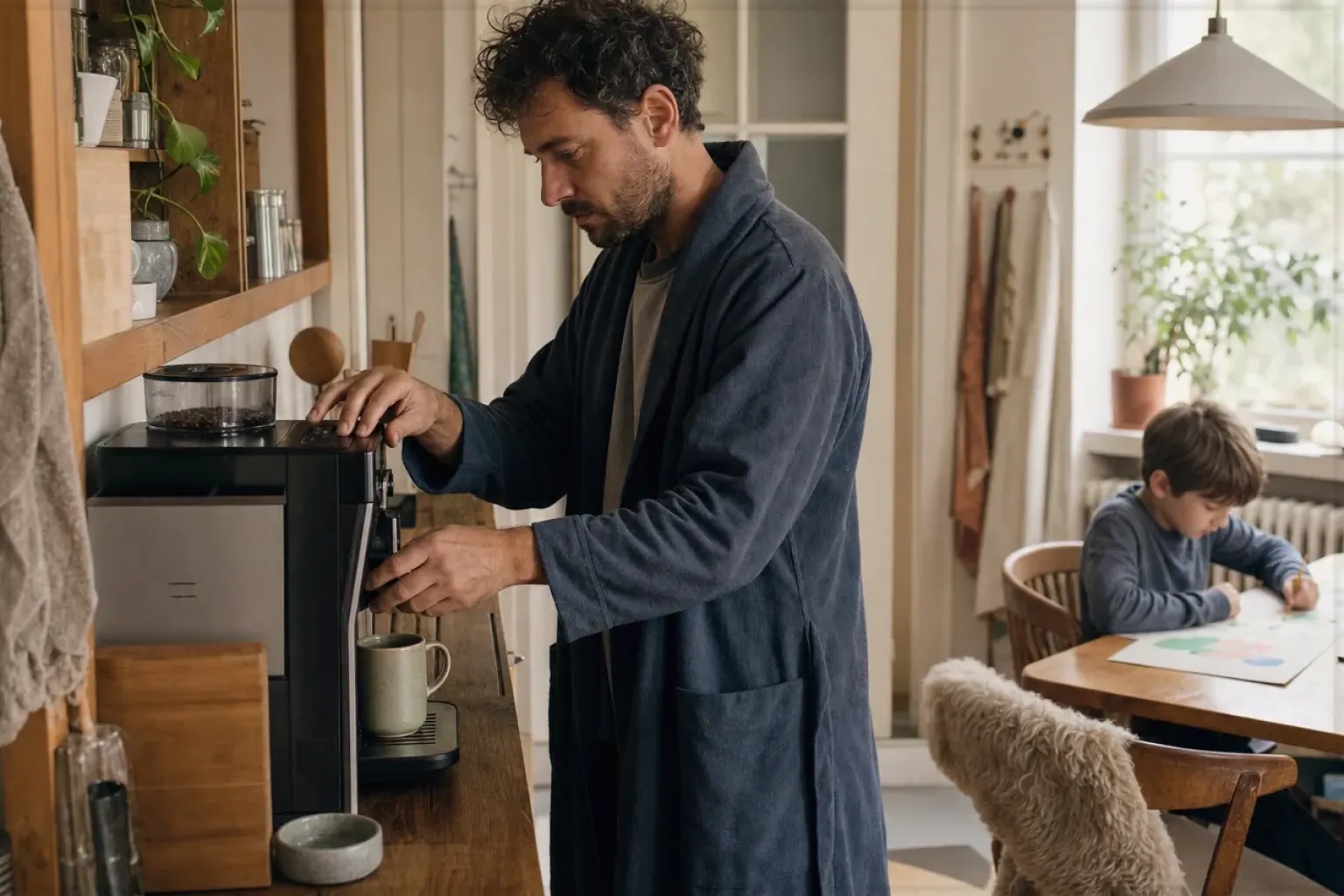 Ein Vater bereitet morgens Kaffee zu, während sein Kind am Küchentisch malt – gezeigt für So arbeiten wir im Redaktionsseite.