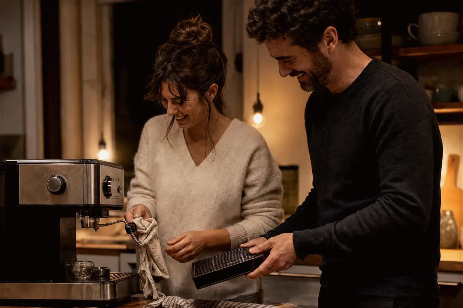 Ein Paar reinigt am Abend gemeinsam und gut gelaunt seine Espressomaschine in der Küche – gezeigt für So arbeiten wir im Redaktionsseite.