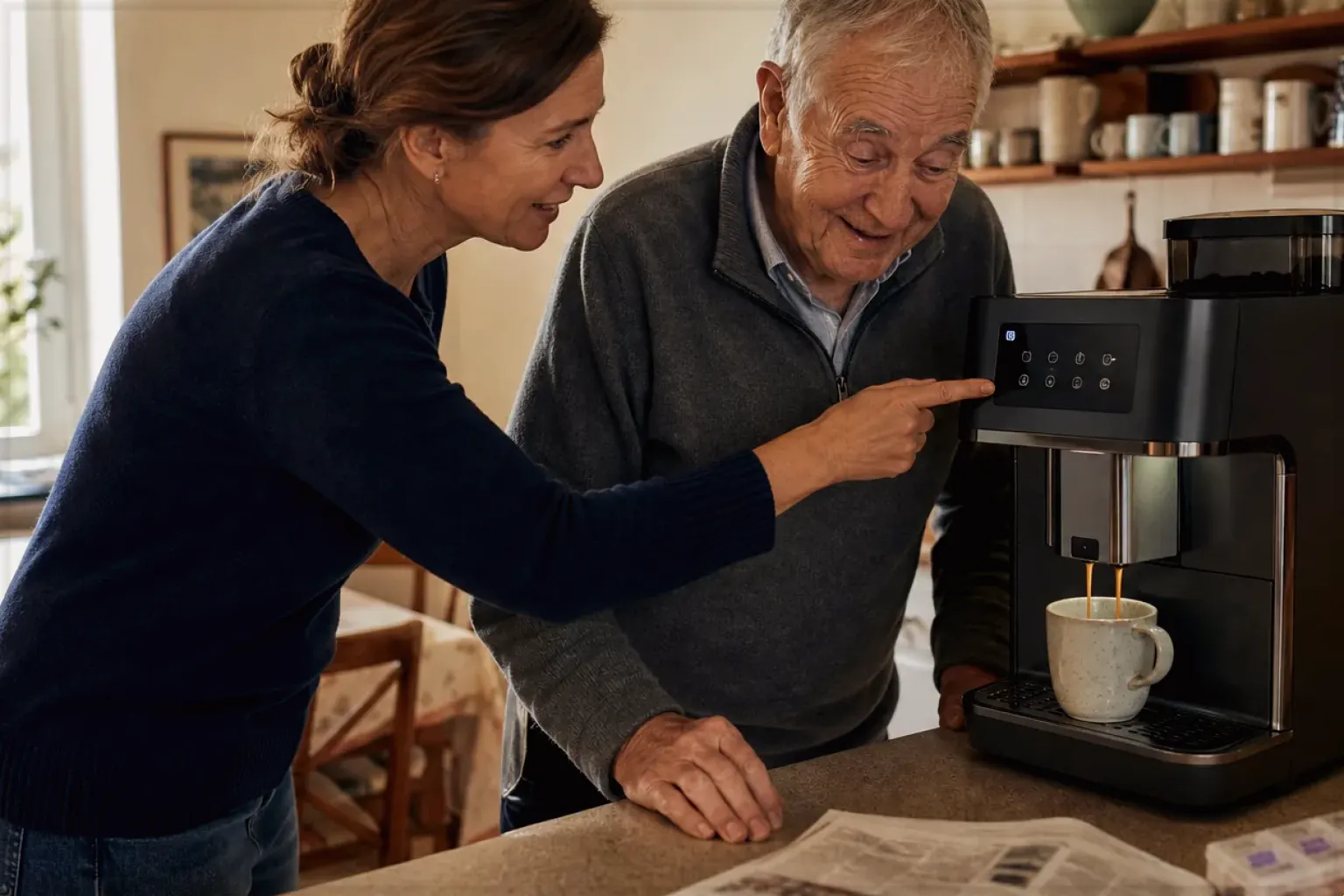 Eine erwachsene Tochter erklärt ihrem Vater verständlich die Bedienung eines Kaffeevollautomaten.