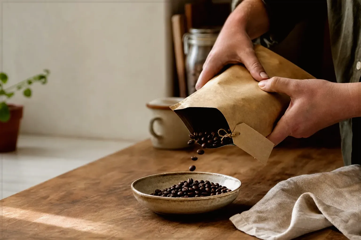 Hände füllen frisch geröstete Kaffeebohnen aus einer Papiertüte in eine Keramikschale – gezeigt für So entstehen unsere Empfehlungen im Redaktionsseite.