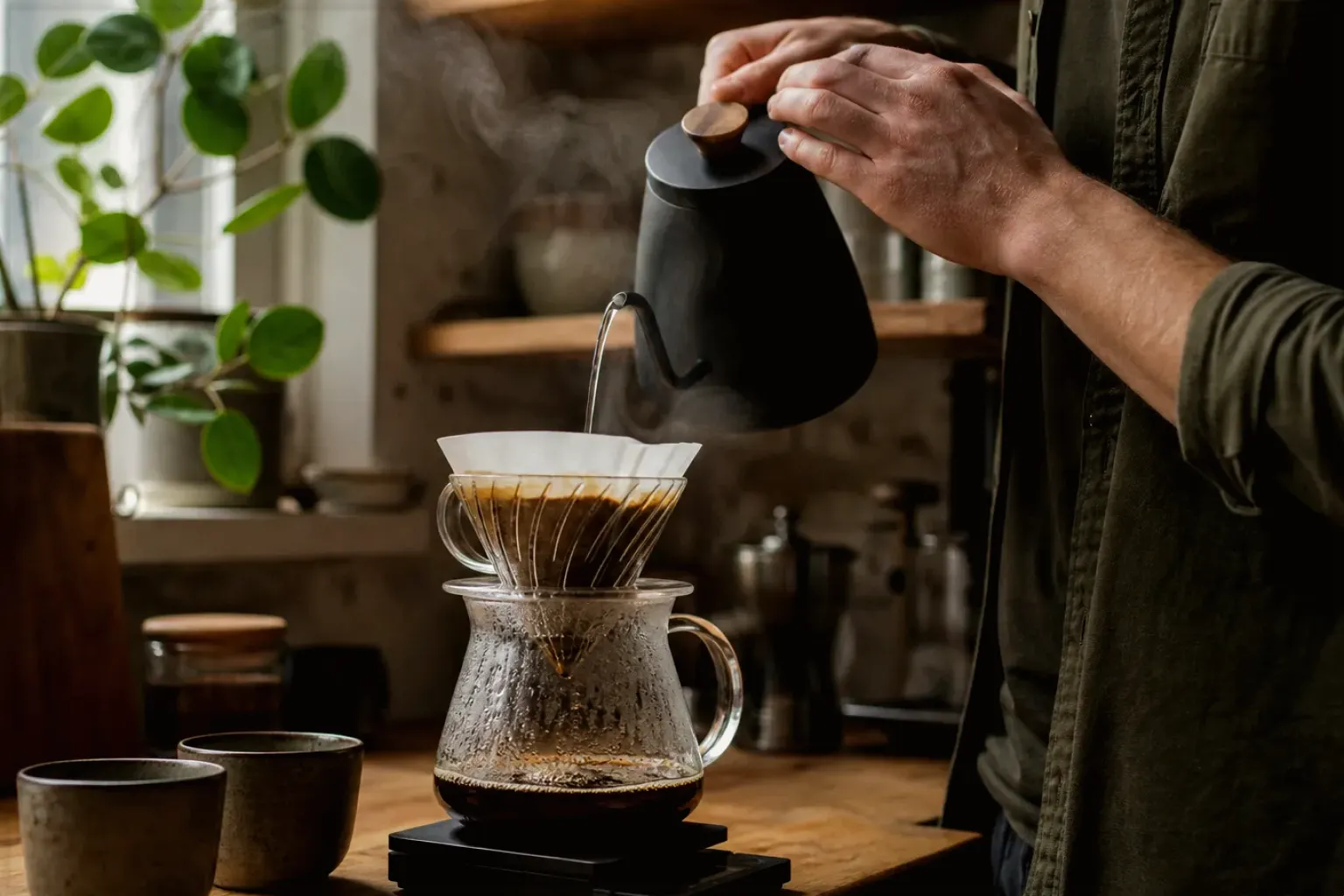 Filterkaffee wird mit einem Schwanenhalskessel von Hand in einer Küche aufgegossen – gezeigt für So entstehen unsere Empfehlungen im Redaktionsseite.