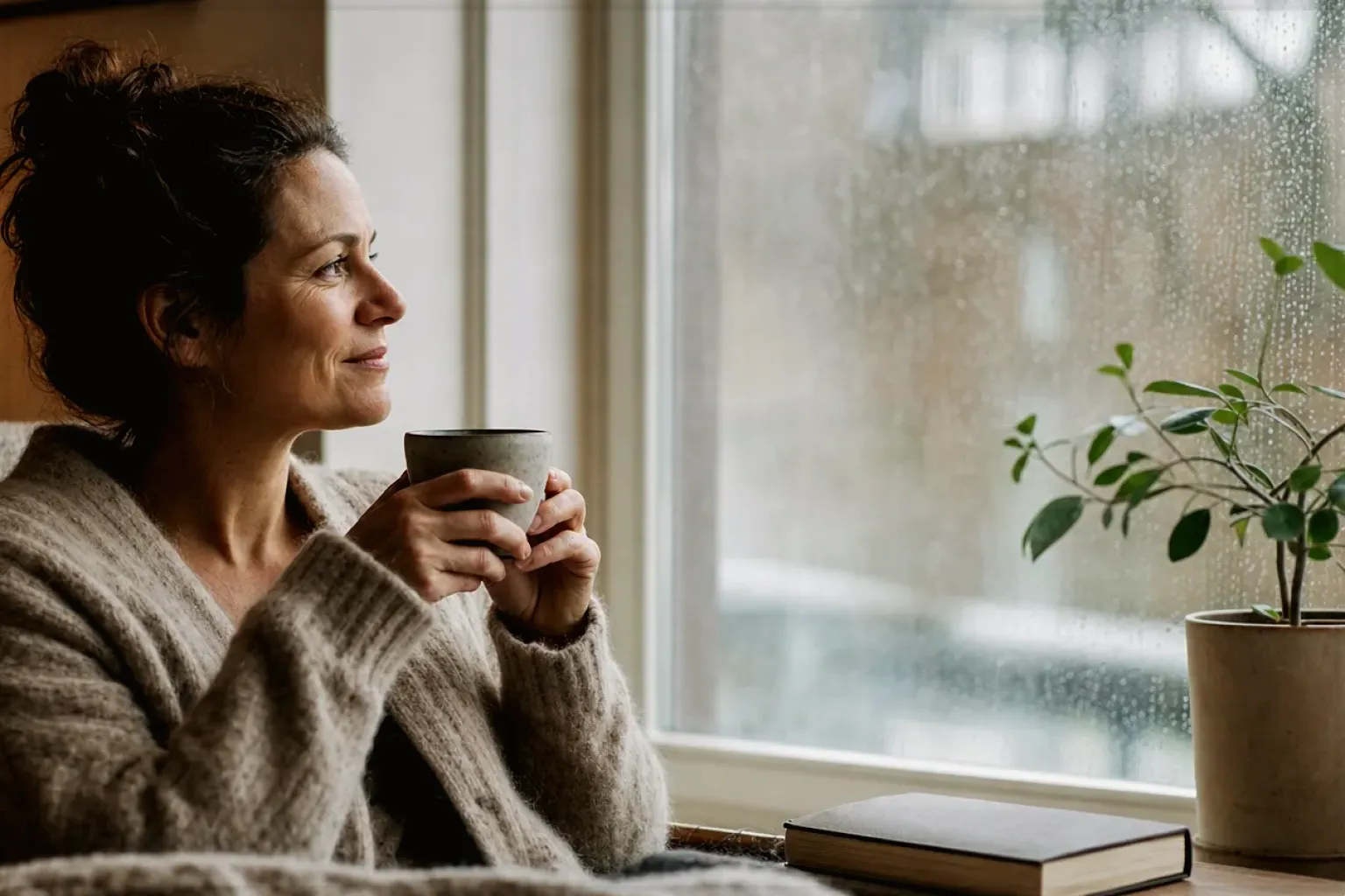 Eine Frau genießt an einem regnerischen Nachmittag ruhig eine Tasse Kaffee am Fenster – gezeigt für So entstehen unsere Empfehlungen im Redaktionsseite.