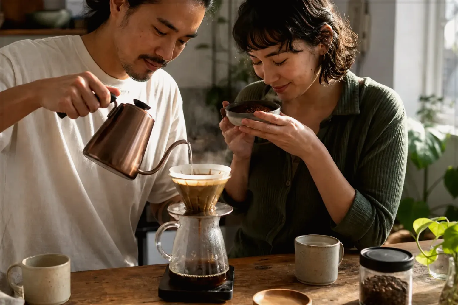 Zwei Menschen bereiten am Wochenende gemeinsam Filterkaffee mit einem Handfilter zu – gezeigt für So entstehen unsere Empfehlungen im Redaktionsseite.