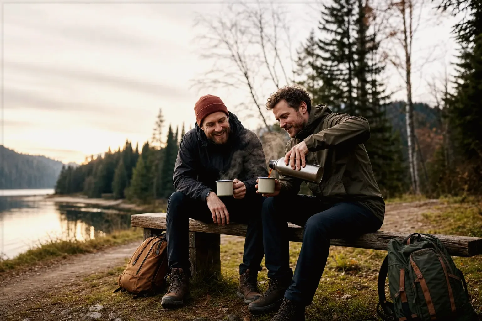 Zwei Freunde teilen auf einer Wanderung heißen Kaffee aus einer Thermoskanne am See – gezeigt für So entstehen unsere Empfehlungen im Redaktionsseite.