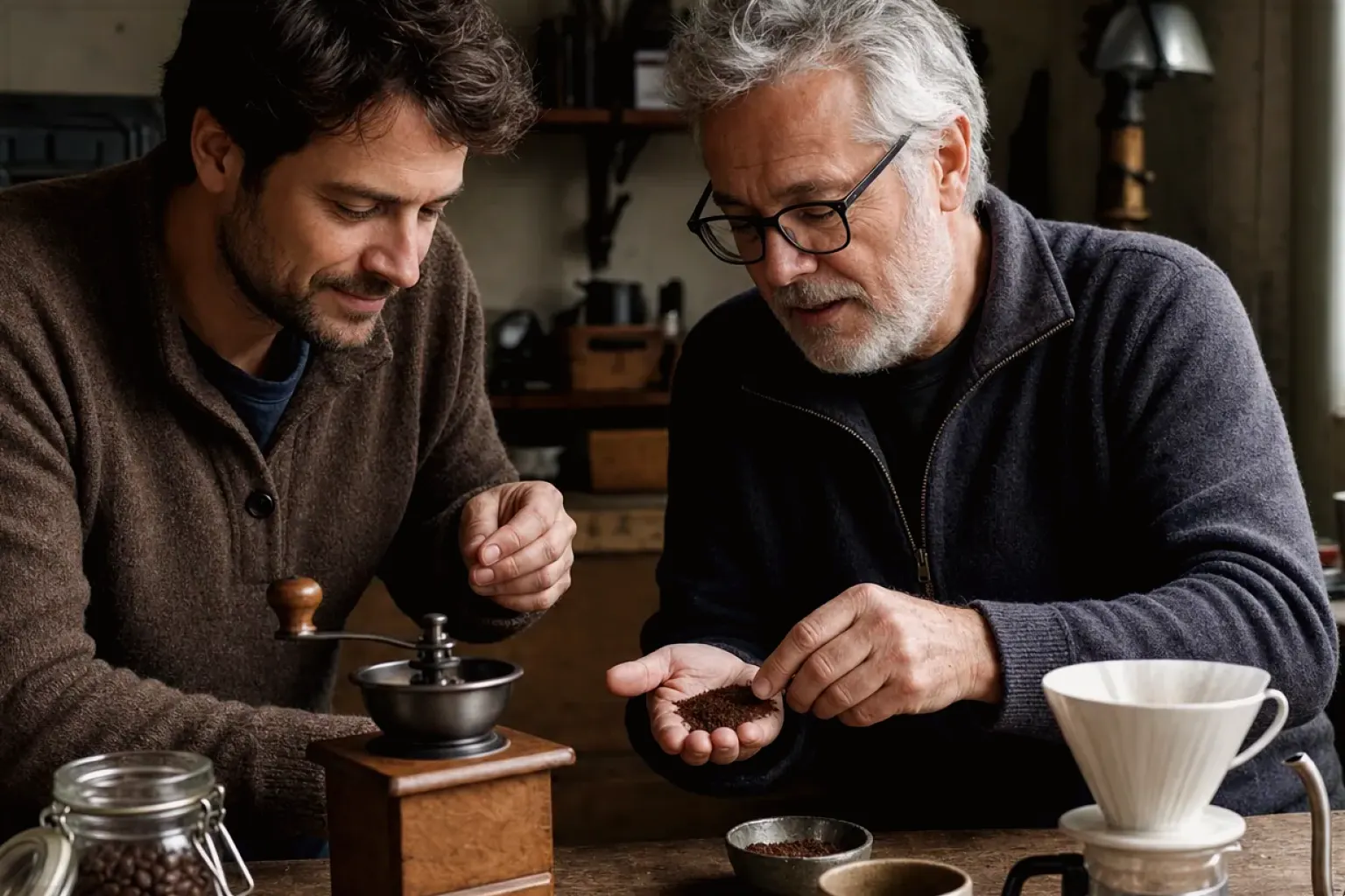 Ein älterer Kaffeeliebhaber zeigt einem jüngeren Erwachsenen gemahlenen Kaffee neben Handmühle und Filter – gezeigt für So entstehen unsere Empfehlungen im Redaktionsseite.