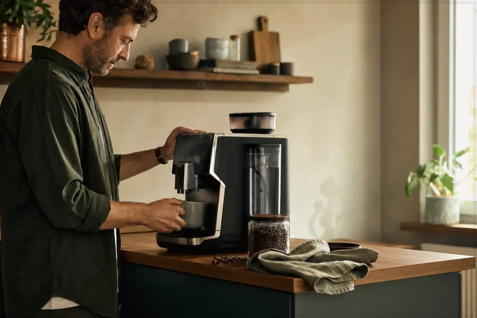 Ein Mann bereitet morgens Kaffee in seiner Küche zu – gezeigt für So entstehen unsere Empfehlungen im Redaktionsseite.