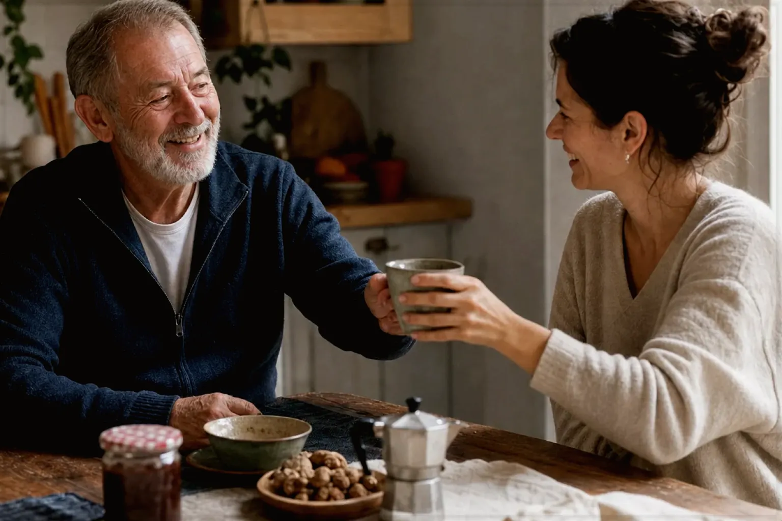 Eine erwachsene Tochter und ihr älterer Vater lachen gemeinsam beim Kaffee in ihrer Küche – gezeigt für So entstehen unsere Empfehlungen im Redaktionsseite.