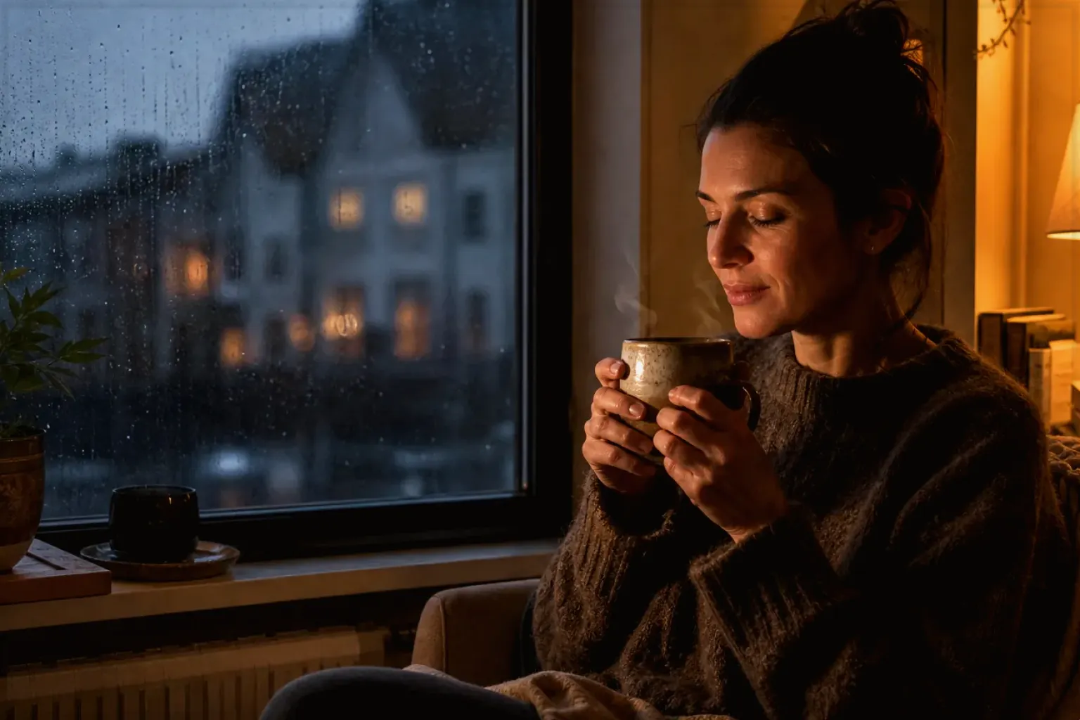 Eine Frau genießt an einem regnerischen Abend ruhig eine warme Tasse Kaffee am Fenster – gezeigt für So entstehen unsere Empfehlungen im Redaktionsseite.