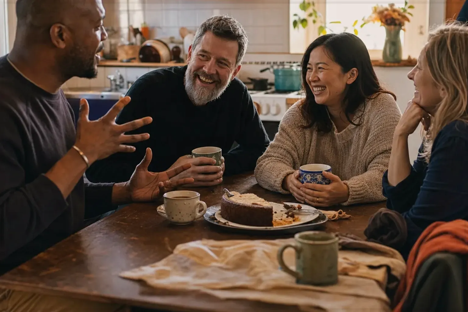 Vier erwachsene Freunde lachen gemeinsam bei Kaffee und selbst gebackenem Kuchen – gezeigt für So entstehen unsere Empfehlungen im Redaktionsseite.