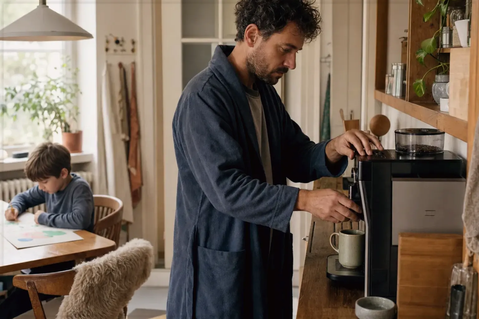 Ein Vater bereitet morgens Kaffee zu, während sein Kind am Küchentisch malt – gezeigt für So entstehen unsere Empfehlungen im Redaktionsseite.
