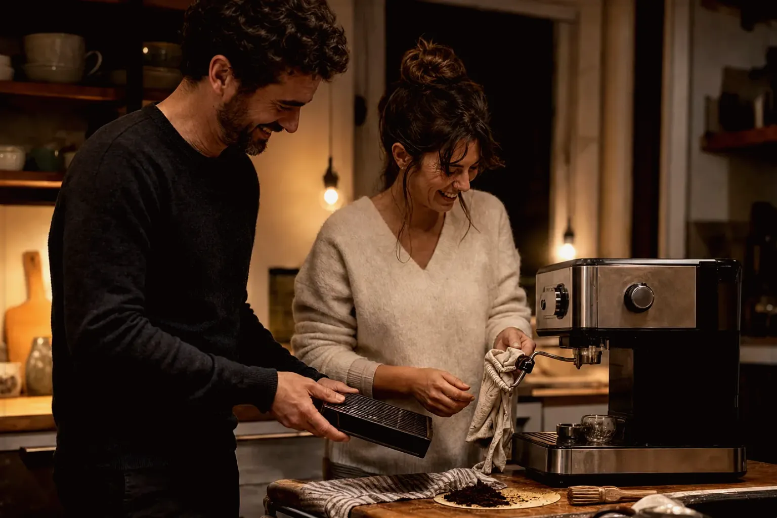 Ein Paar reinigt am Abend gemeinsam und gut gelaunt seine Espressomaschine in der Küche – gezeigt für So entstehen unsere Empfehlungen im Redaktionsseite.