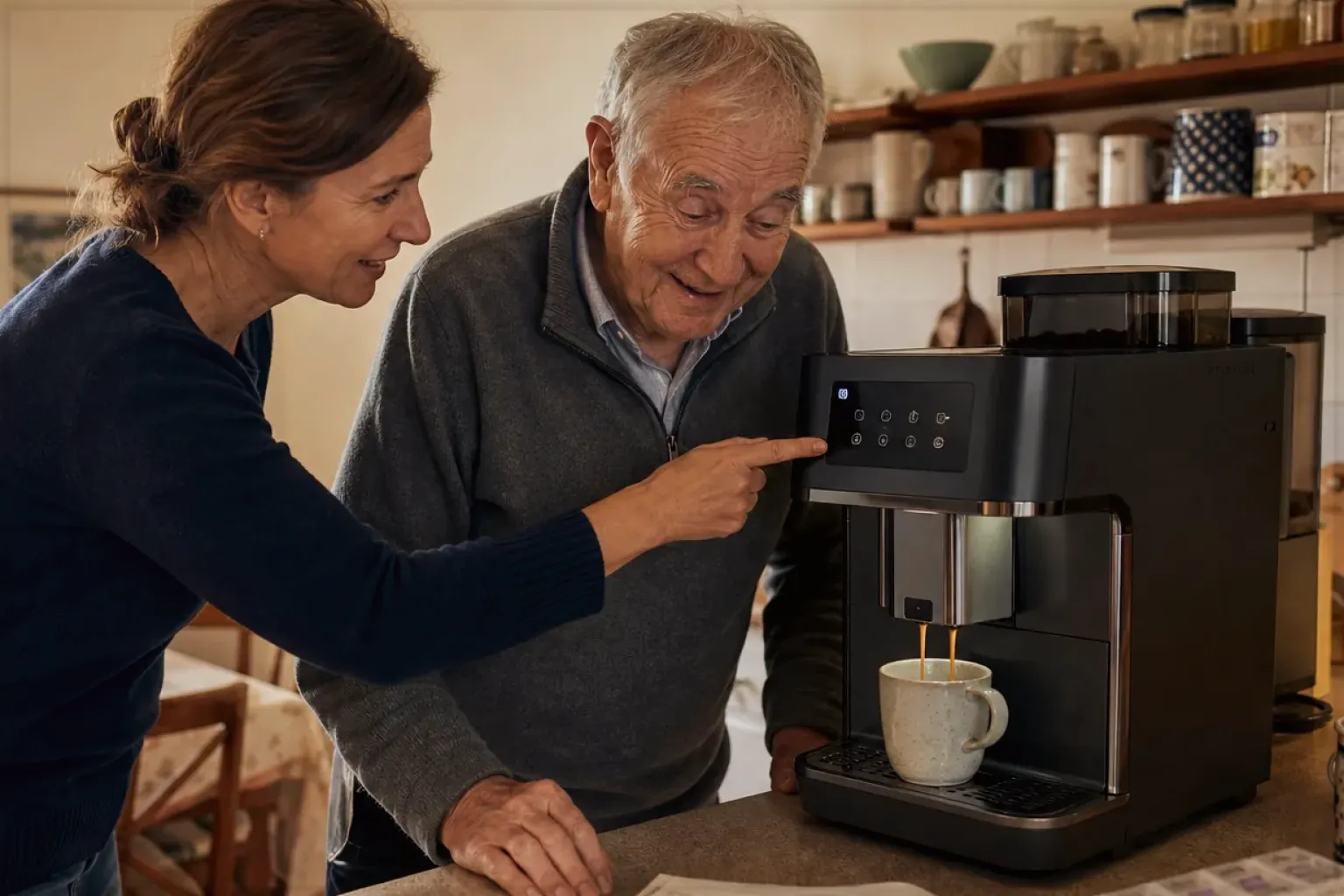 Eine erwachsene Tochter erklärt ihrem Vater verständlich die Bedienung eines Kaffeevollautomaten.
