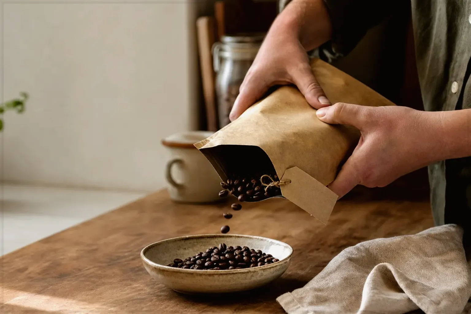 Hände füllen frisch geröstete Kaffeebohnen aus einer Papiertüte in eine Keramikschale – gezeigt für Transparenzhinweis im Redaktionsseite.