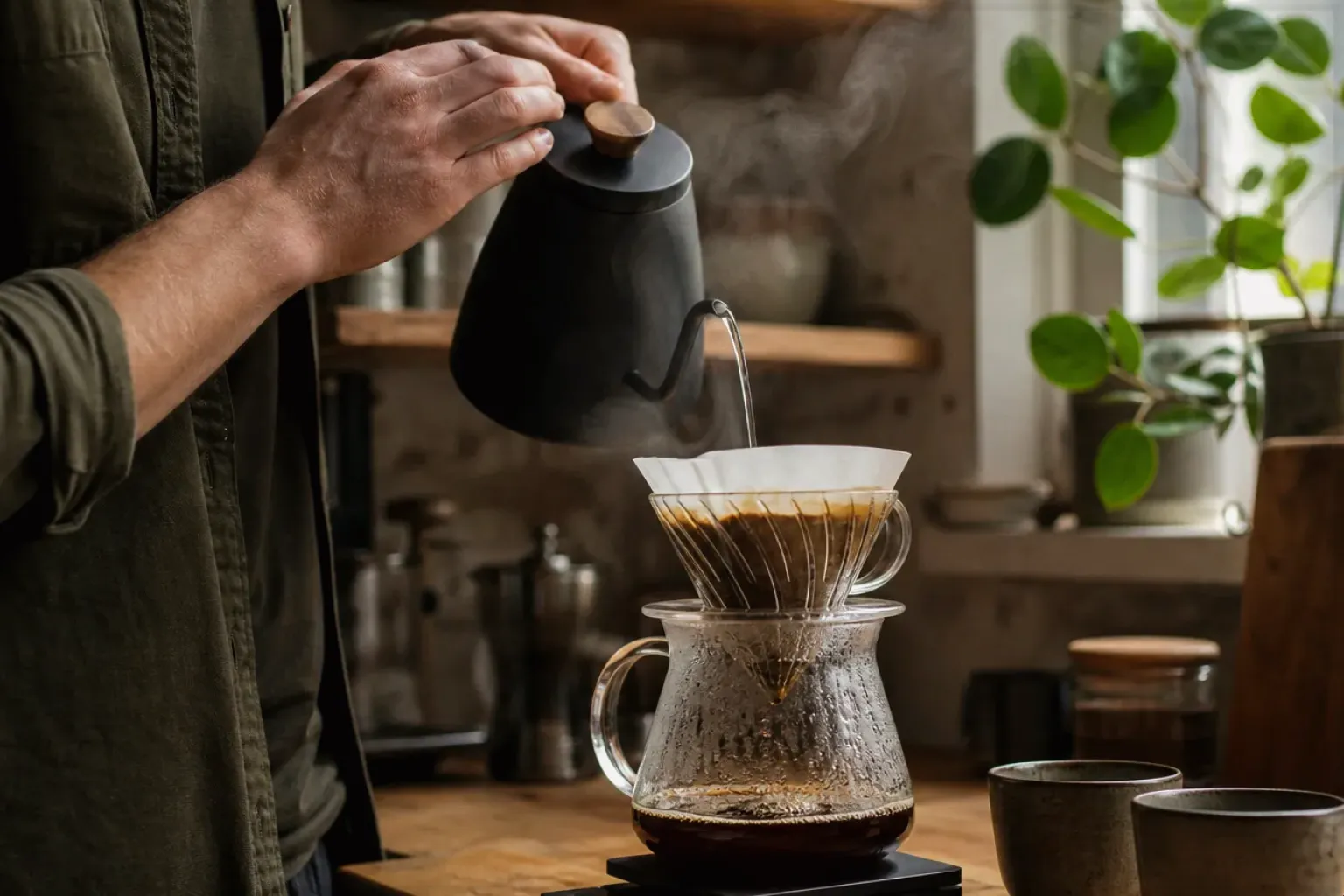 Filterkaffee wird mit einem Schwanenhalskessel von Hand in einer Küche aufgegossen – gezeigt für Transparenzhinweis im Redaktionsseite.