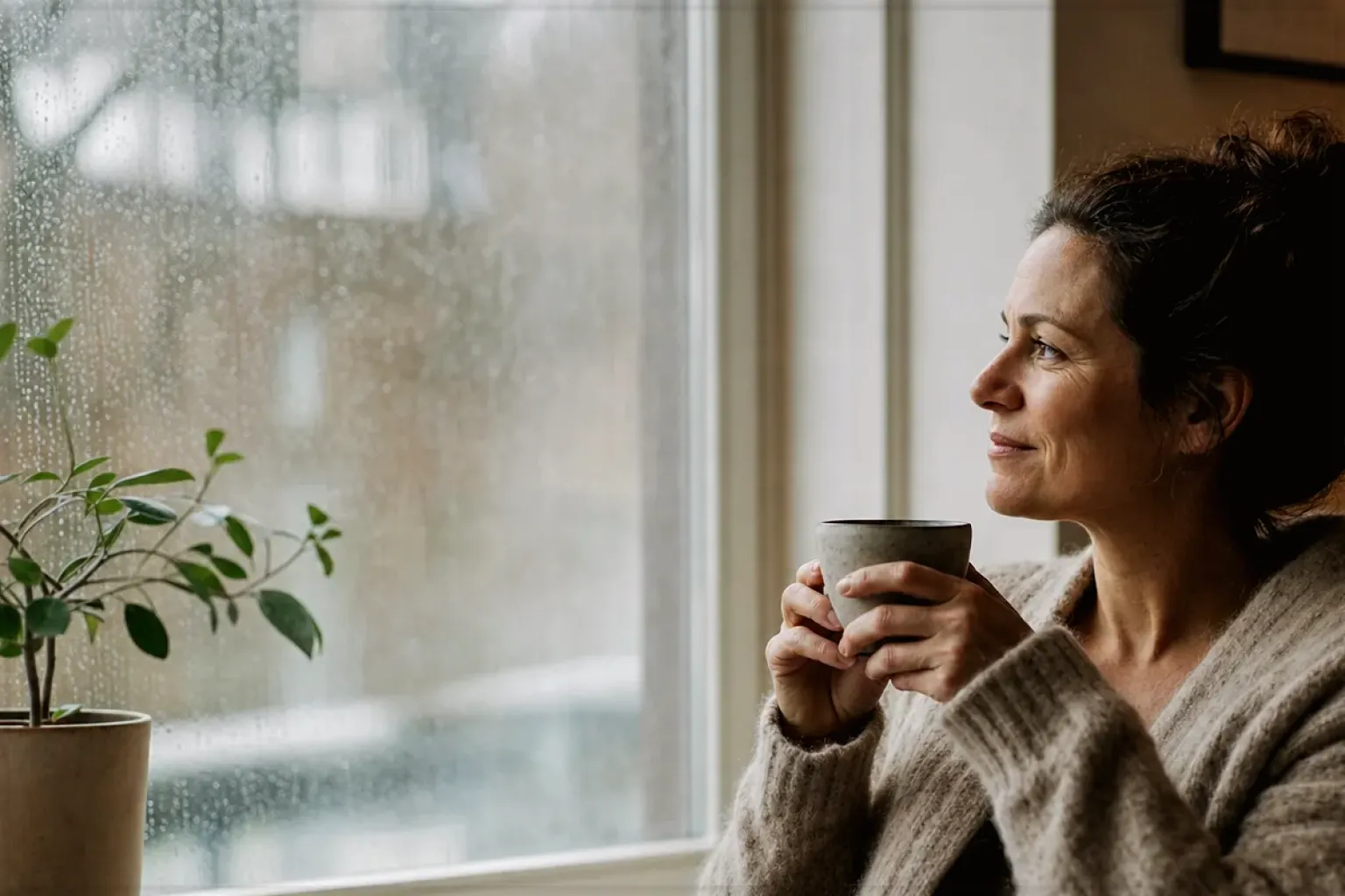 Eine Frau genießt an einem regnerischen Nachmittag ruhig eine Tasse Kaffee am Fenster – gezeigt für Transparenzhinweis im Redaktionsseite.