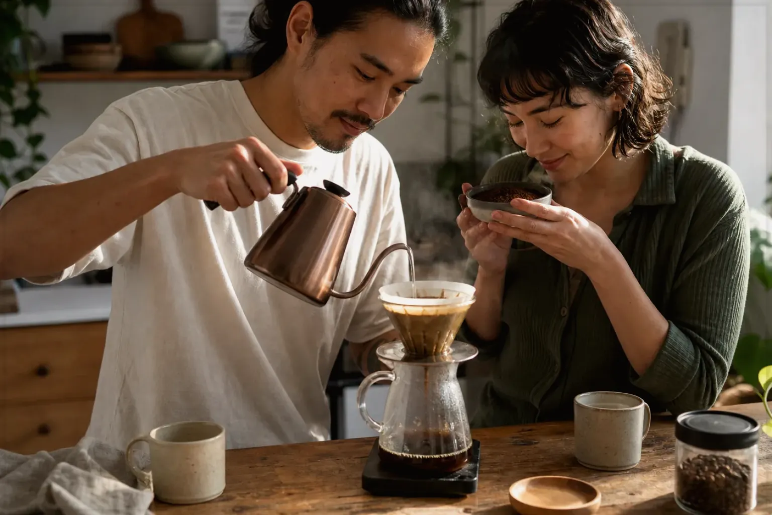 Zwei Menschen bereiten am Wochenende gemeinsam Filterkaffee mit einem Handfilter zu – gezeigt für Transparenzhinweis im Redaktionsseite.