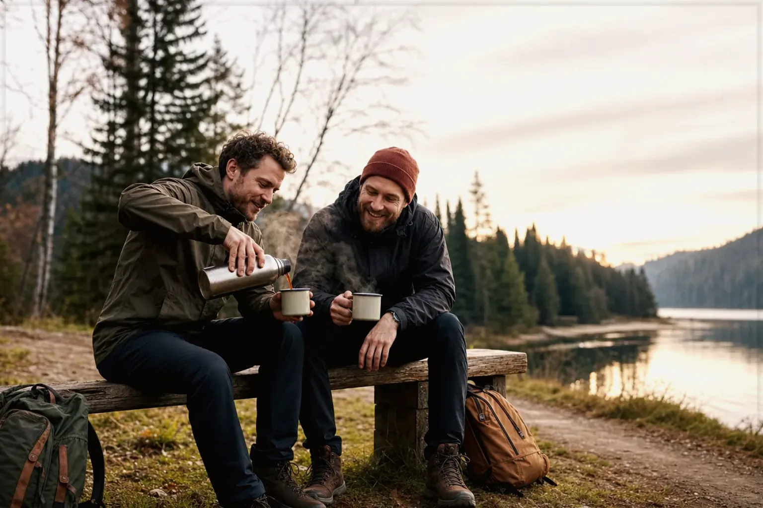 Zwei Freunde teilen auf einer Wanderung heißen Kaffee aus einer Thermoskanne am See – gezeigt für Transparenzhinweis im Redaktionsseite.