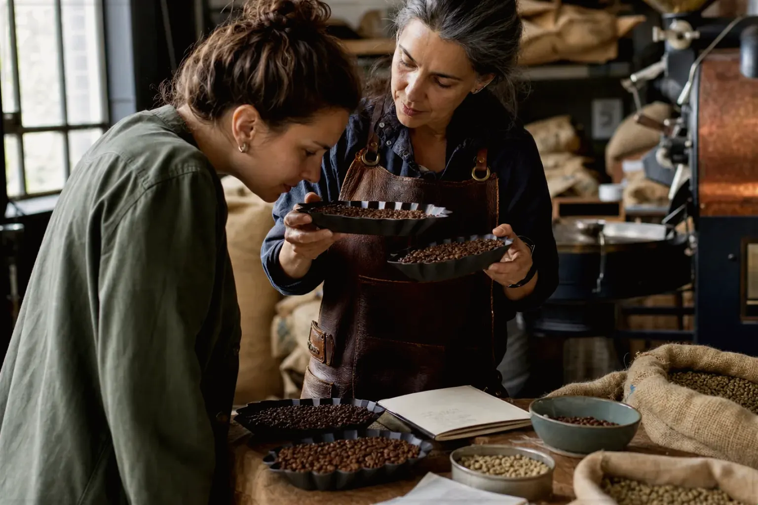 Eine Kaffeerösterin lässt eine Kundin in einer kleinen Rösterei verschiedene frisch geröstete Bohnen riechen – gezeigt für Transparenzhinweis im Redaktionsseite.