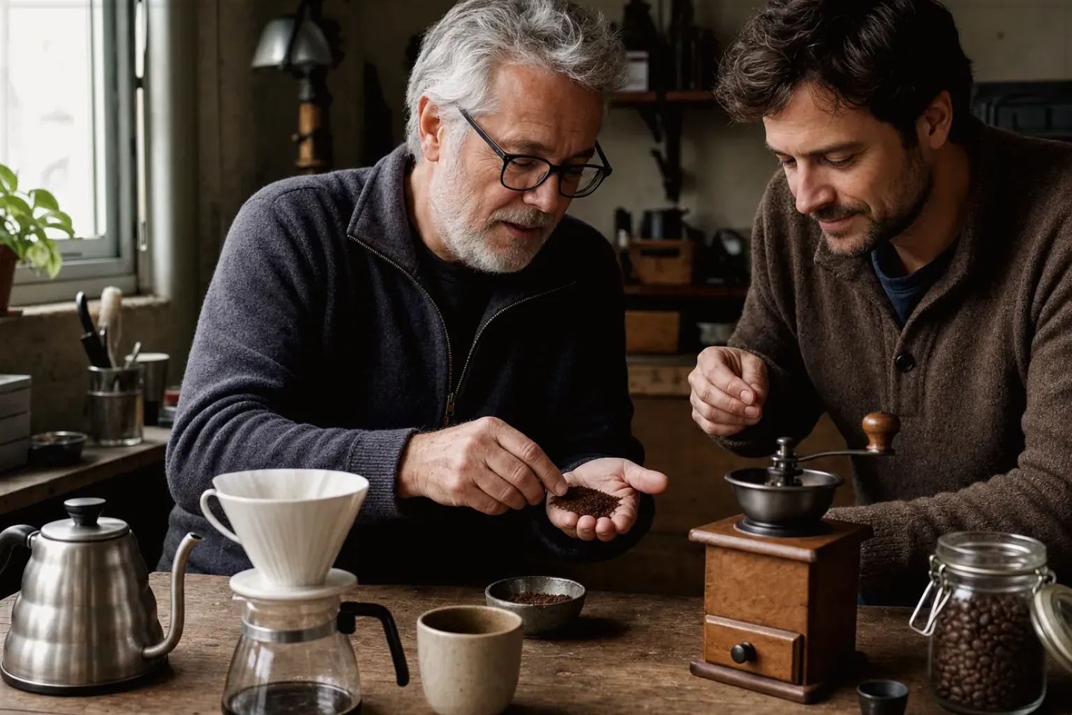 Ein älterer Kaffeeliebhaber zeigt einem jüngeren Erwachsenen gemahlenen Kaffee neben Handmühle und Filter – gezeigt für Transparenzhinweis im Redaktionsseite.