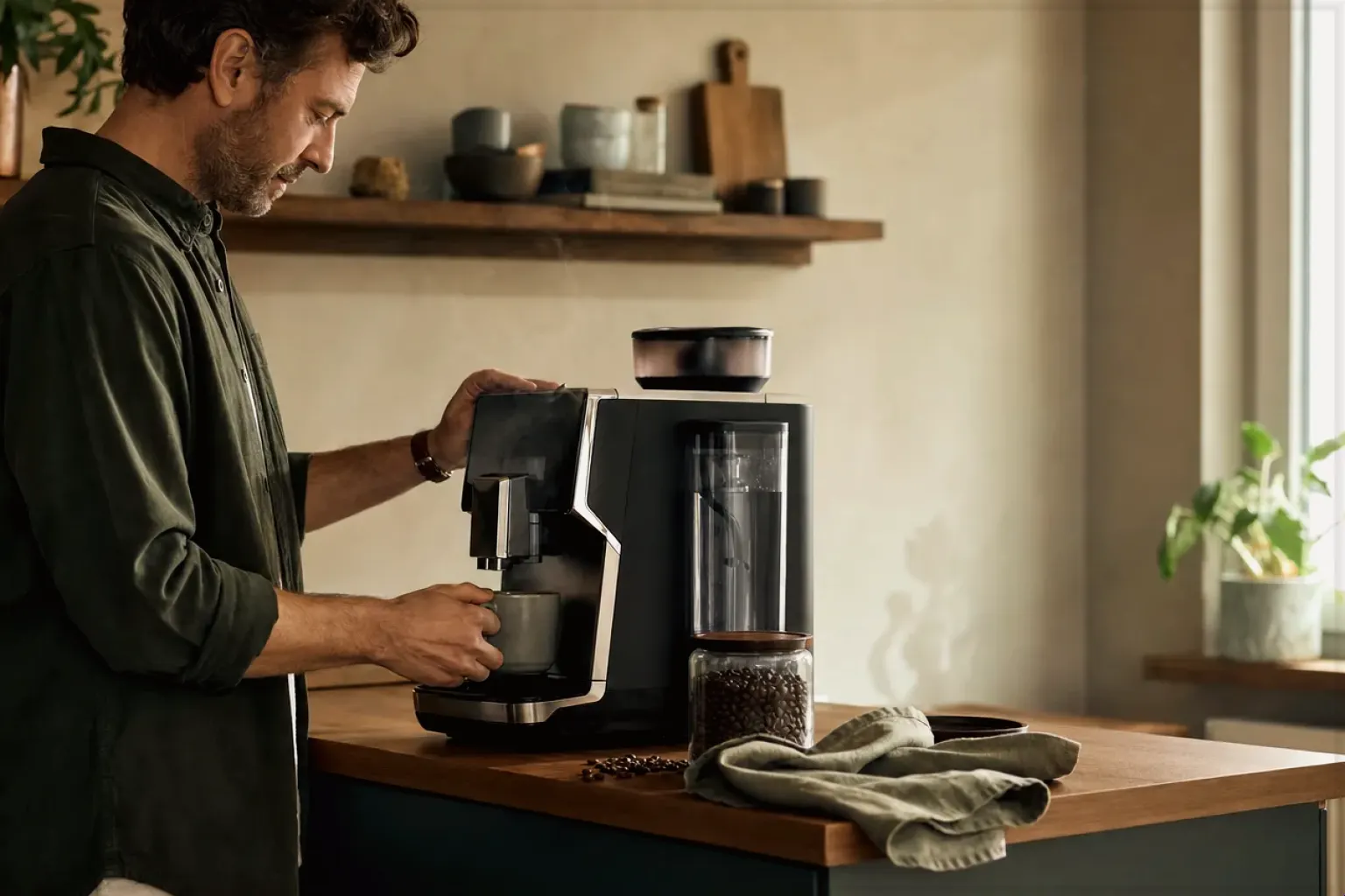 Ein Mann bereitet morgens Kaffee in seiner Küche zu – gezeigt für Transparenzhinweis im Redaktionsseite.