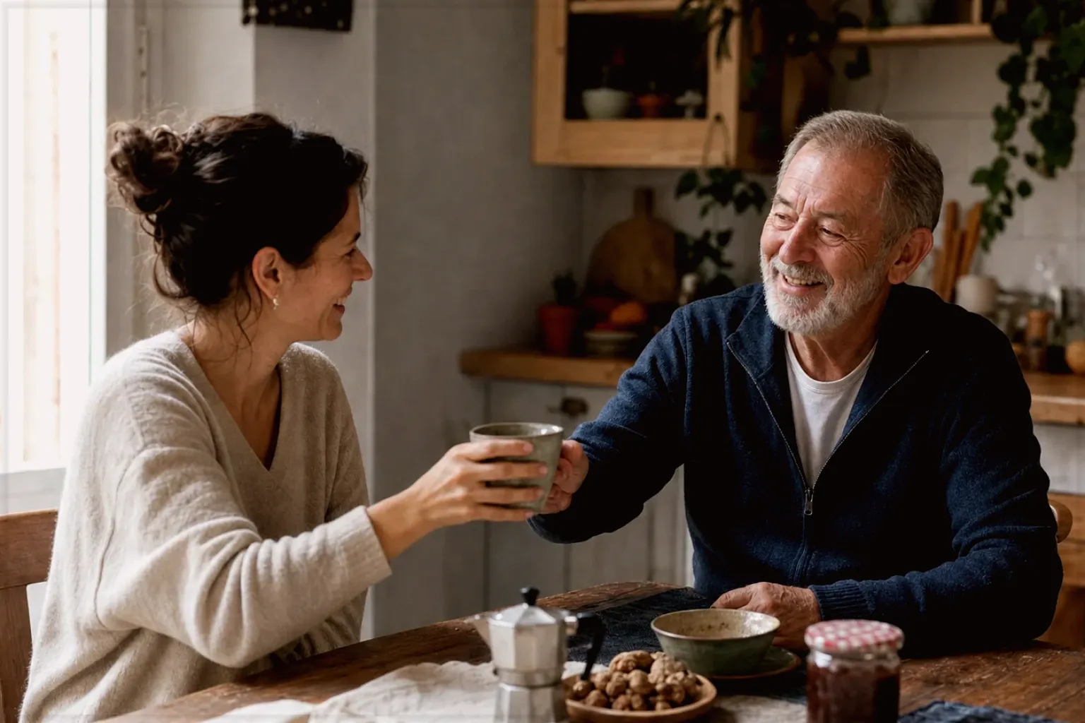 Eine erwachsene Tochter und ihr älterer Vater lachen gemeinsam beim Kaffee in ihrer Küche – gezeigt für Transparenzhinweis im Redaktionsseite.