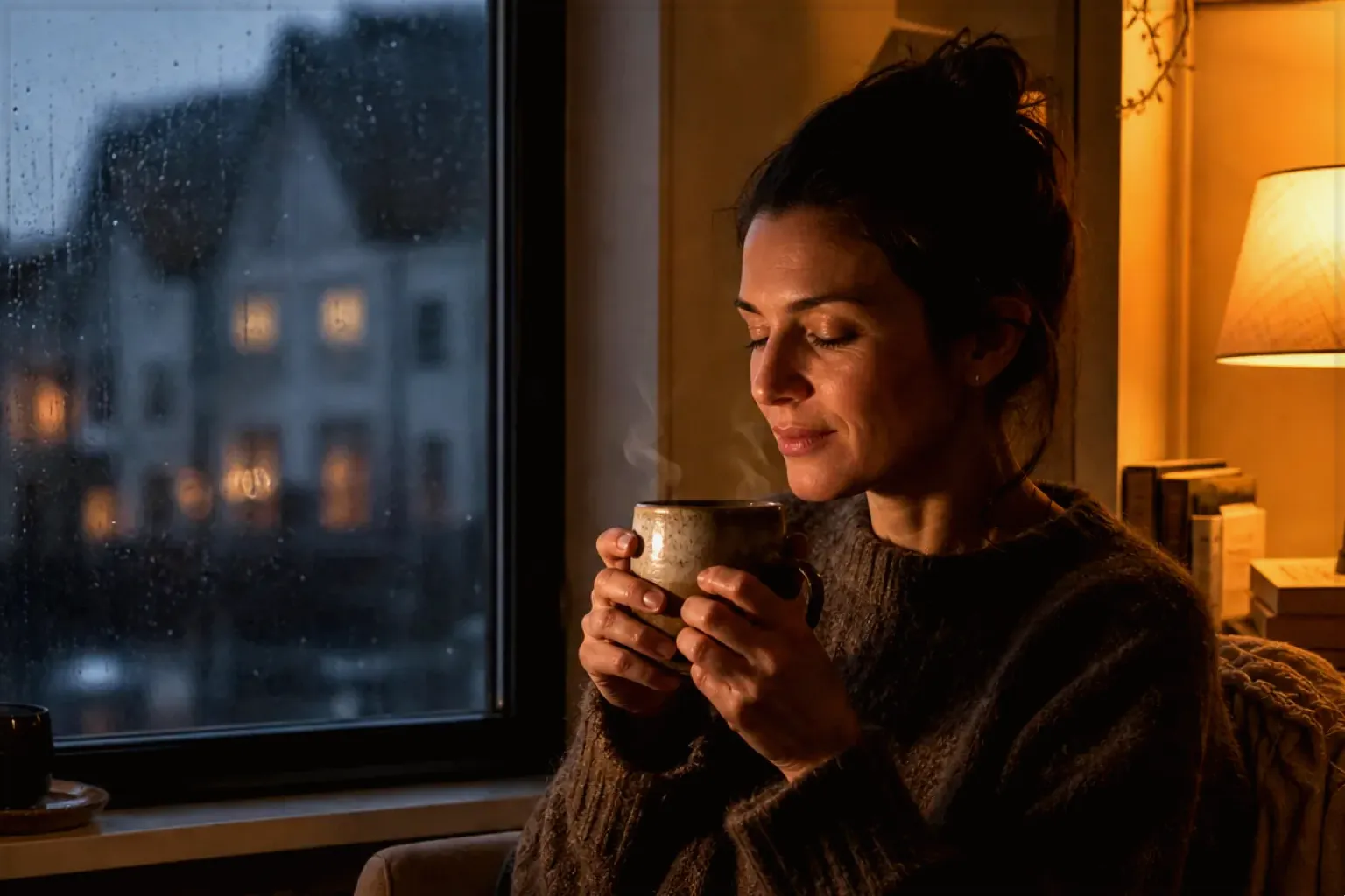 Eine Frau genießt an einem regnerischen Abend ruhig eine warme Tasse Kaffee am Fenster – gezeigt für Transparenzhinweis im Redaktionsseite.