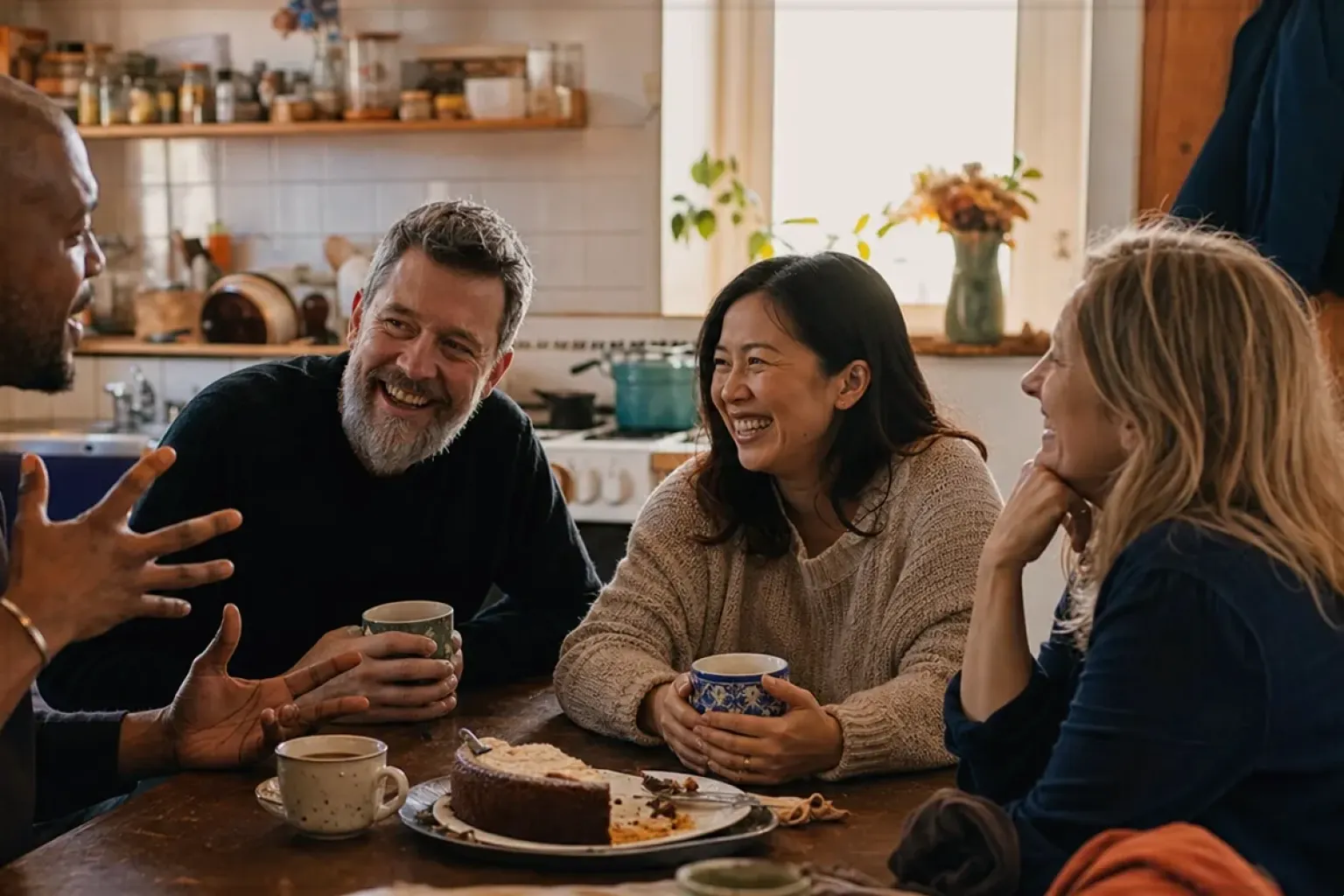 Vier erwachsene Freunde lachen gemeinsam bei Kaffee und selbst gebackenem Kuchen – gezeigt für Transparenzhinweis im Redaktionsseite.