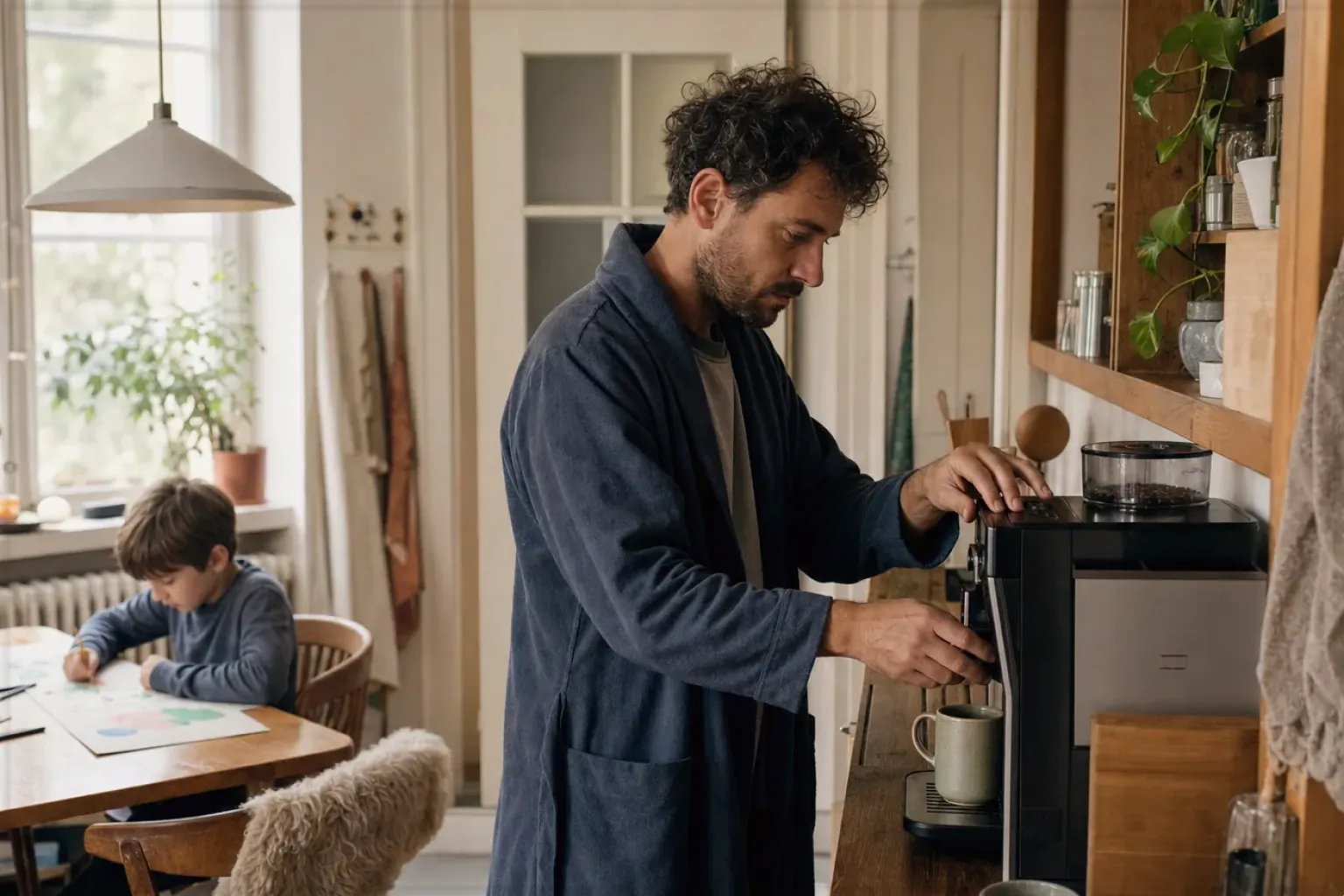 Ein Vater bereitet morgens Kaffee zu, während sein Kind am Küchentisch malt – gezeigt für Transparenzhinweis im Redaktionsseite.