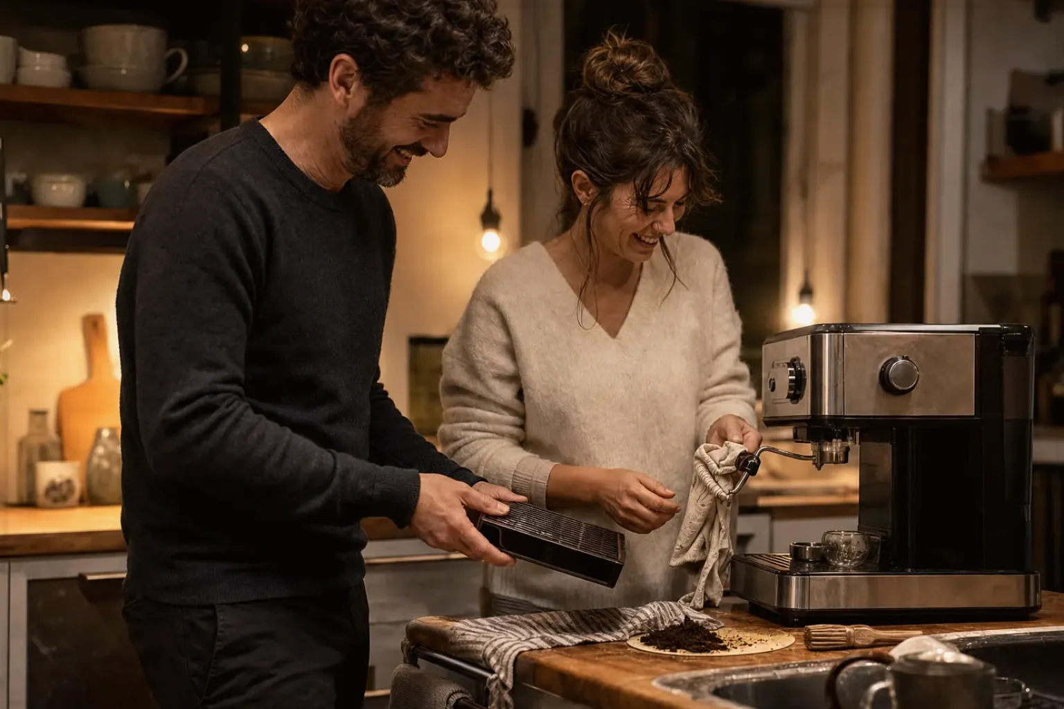 Ein Paar reinigt am Abend gemeinsam und gut gelaunt seine Espressomaschine in der Küche – gezeigt für Transparenzhinweis im Redaktionsseite.