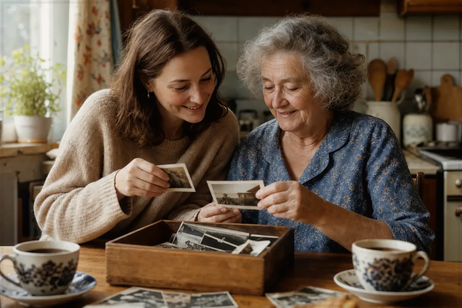 Eine ältere Frau und ihre erwachsene Enkelin betrachten bei Kaffee gemeinsam alte Familienfotos – gezeigt für Transparenzhinweis im Redaktionsseite.