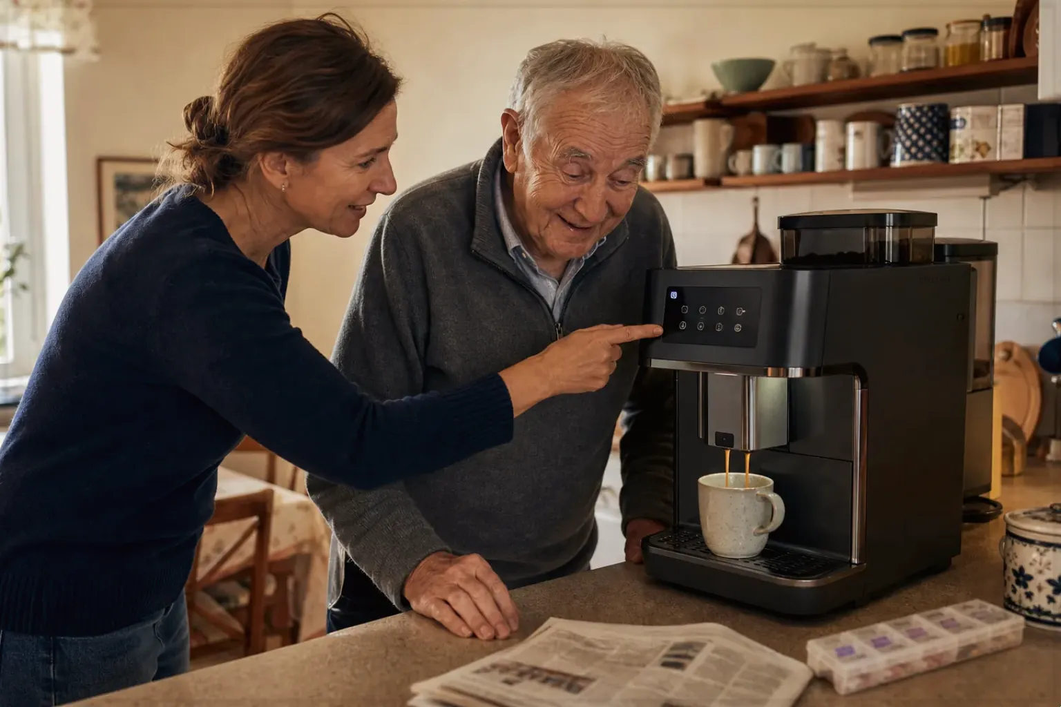 Eine erwachsene Tochter erklärt ihrem Vater verständlich die Bedienung eines Kaffeevollautomaten.