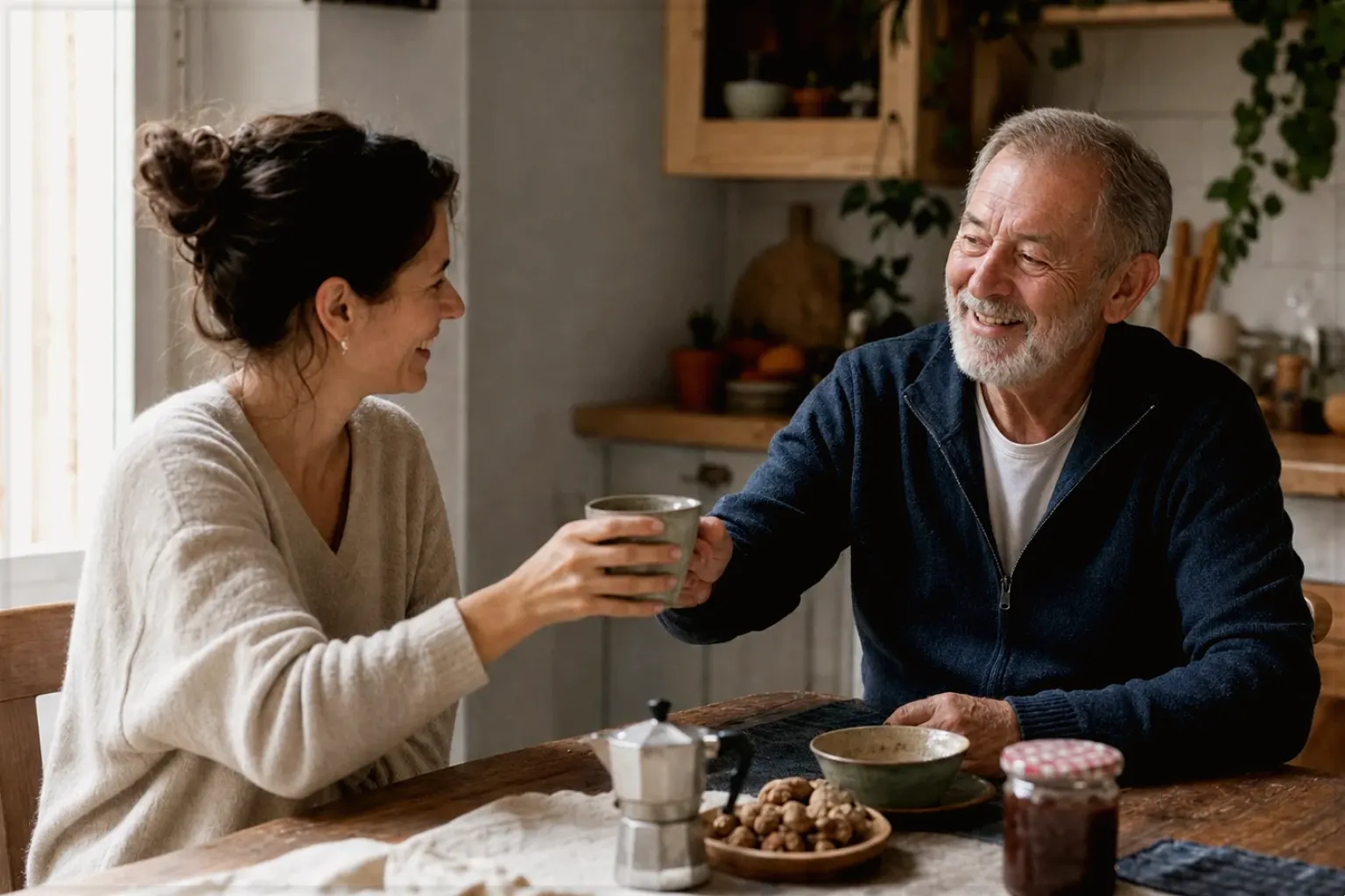 Eine erwachsene Tochter und ihr älterer Vater lachen gemeinsam beim Kaffee in ihrer bewohnten Küche – gezeigt für Kaffee verständlich entscheiden im Redaktionsseite.