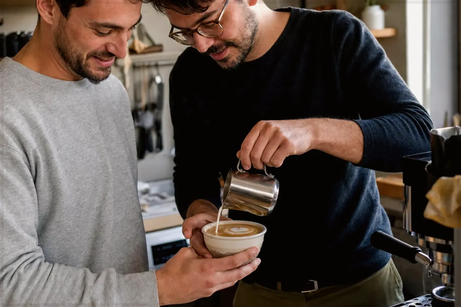 Zwei erwachsene Freunde freuen sich in einer kleinen Küche über ihre gemeinsam gegossene Latte Art – gezeigt für Kaffee verständlich entscheiden im Redaktionsseite.