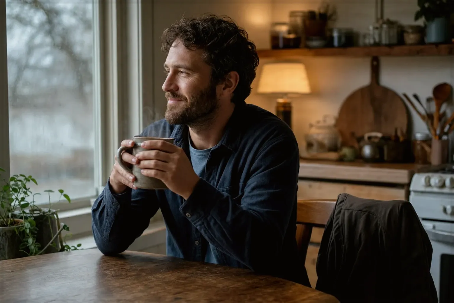 Ein Mann hält nach seinem Arbeitstag eine warme Kaffeetasse und blickt entspannt aus dem Küchenfenster – gezeigt für Kaffee verständlich entscheiden im Redaktionsseite.