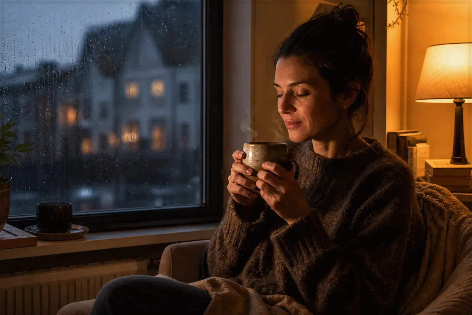 Eine Frau genießt an einem regnerischen Abend ruhig eine warme Tasse Kaffee am Fenster – gezeigt für Kaffee verständlich entscheiden im Redaktionsseite.