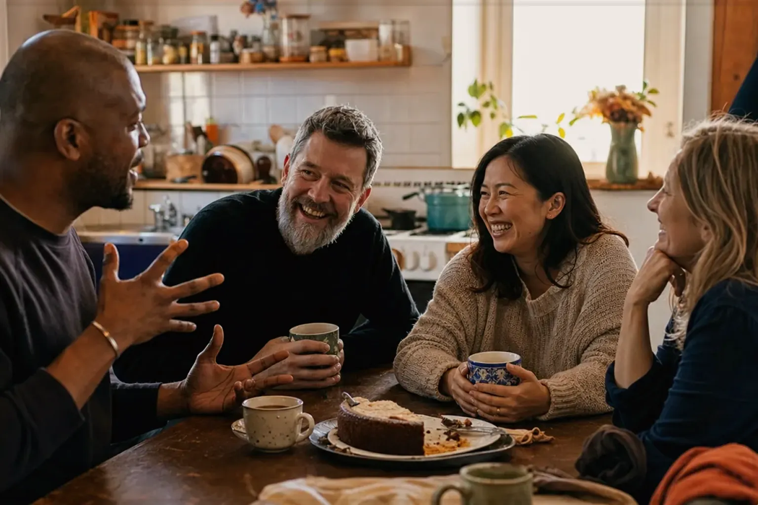 Vier erwachsene Freunde verschiedener Altersgruppen lachen gemeinsam bei Kaffee und selbst gebackenem Kuchen – gezeigt für Kaffee verständlich entscheiden im Redaktionsseite.