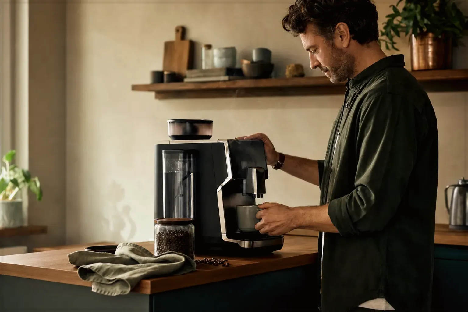 Ein Mann bereitet morgens Kaffee in seiner Küche zu – gezeigt für Kaffee verständlich entscheiden im Redaktionsseite.