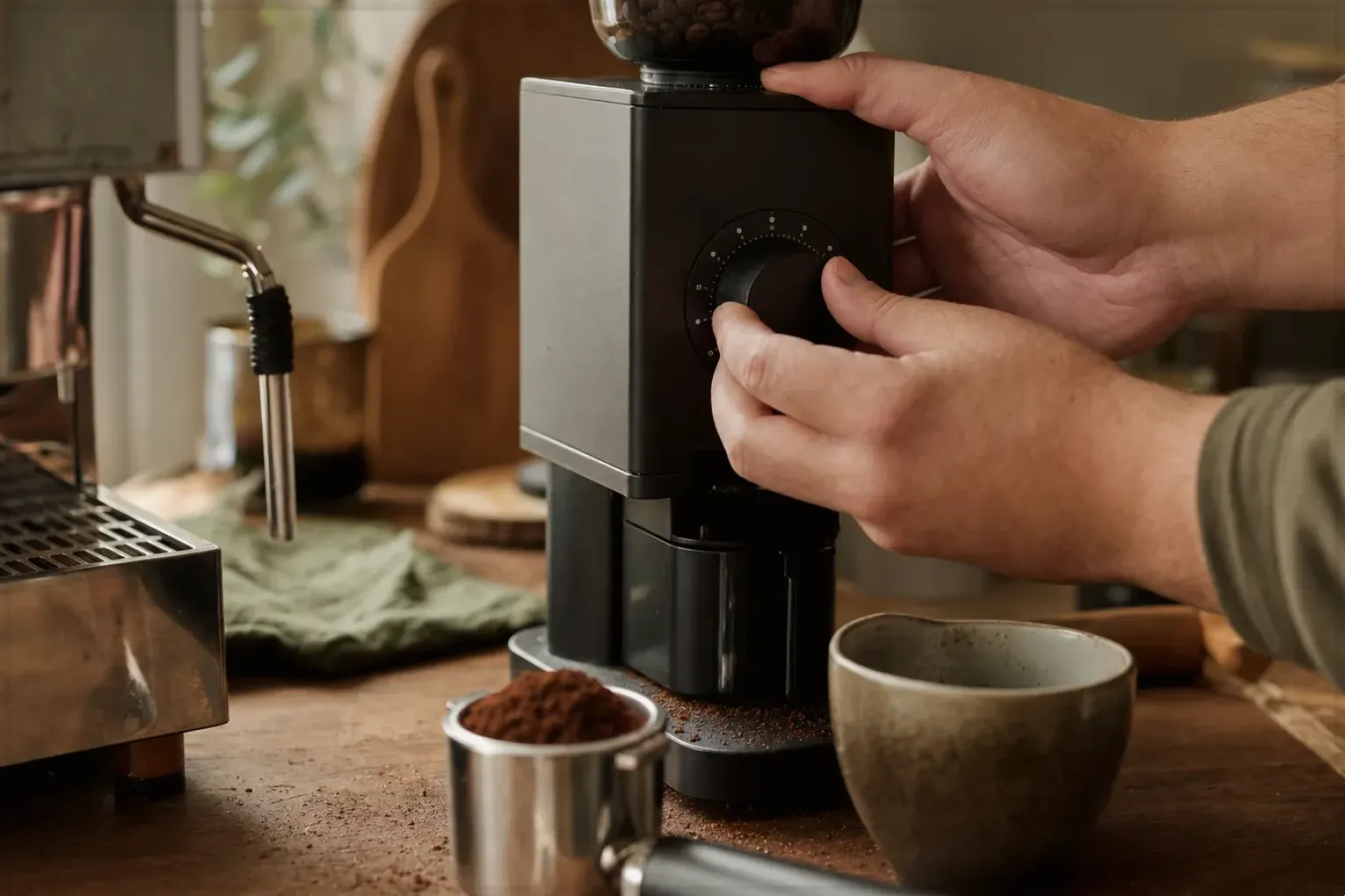Zwei Hände stellen den Mahlgrad an einer Kaffeemühle neben einer Espressomaschine ein – gezeigt für Kaffee verständlich entscheiden im Redaktionsseite.