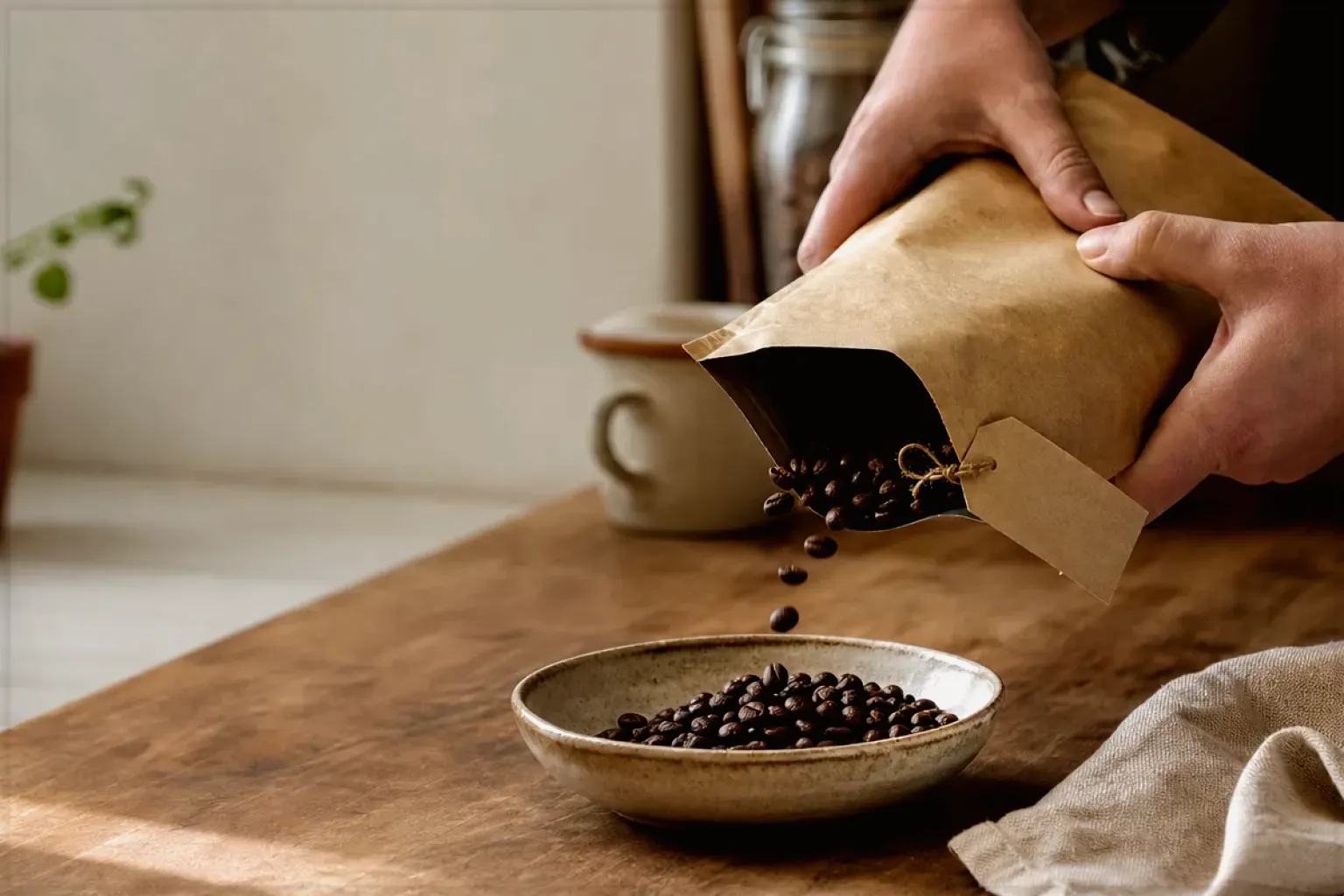 Hände füllen frisch geröstete Kaffeebohnen aus einer Papiertüte in eine Keramikschale – gezeigt für Kaffee verständlich entscheiden im Redaktionsseite.