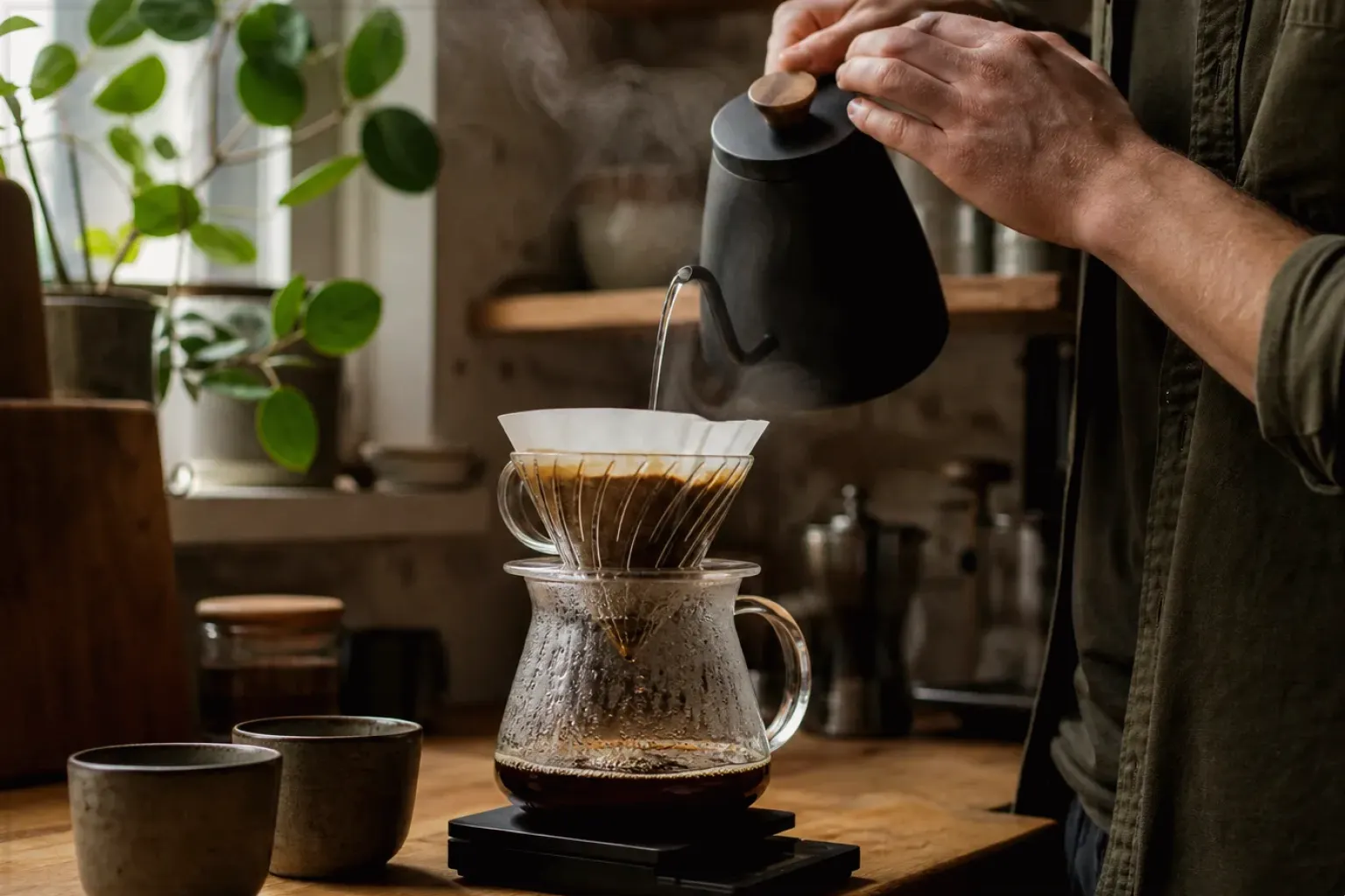Filterkaffee wird mit einem Schwanenhalskessel von Hand in einer Küche aufgegossen – gezeigt für Kaffee verständlich entscheiden im Redaktionsseite.