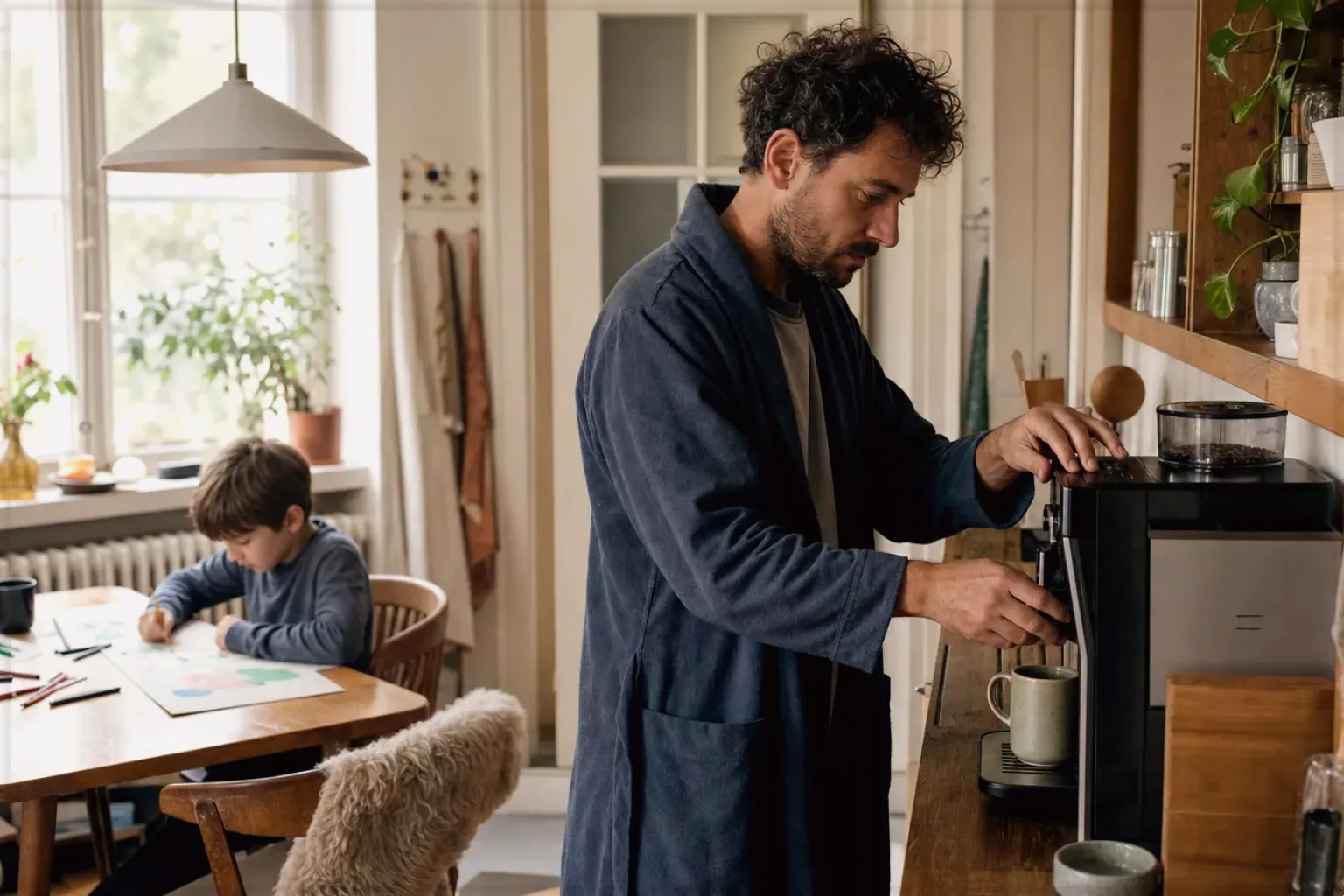 Ein Vater bereitet morgens Kaffee zu, während sein Kind am Küchentisch malt – gezeigt für Kaffee verständlich entscheiden im Redaktionsseite.