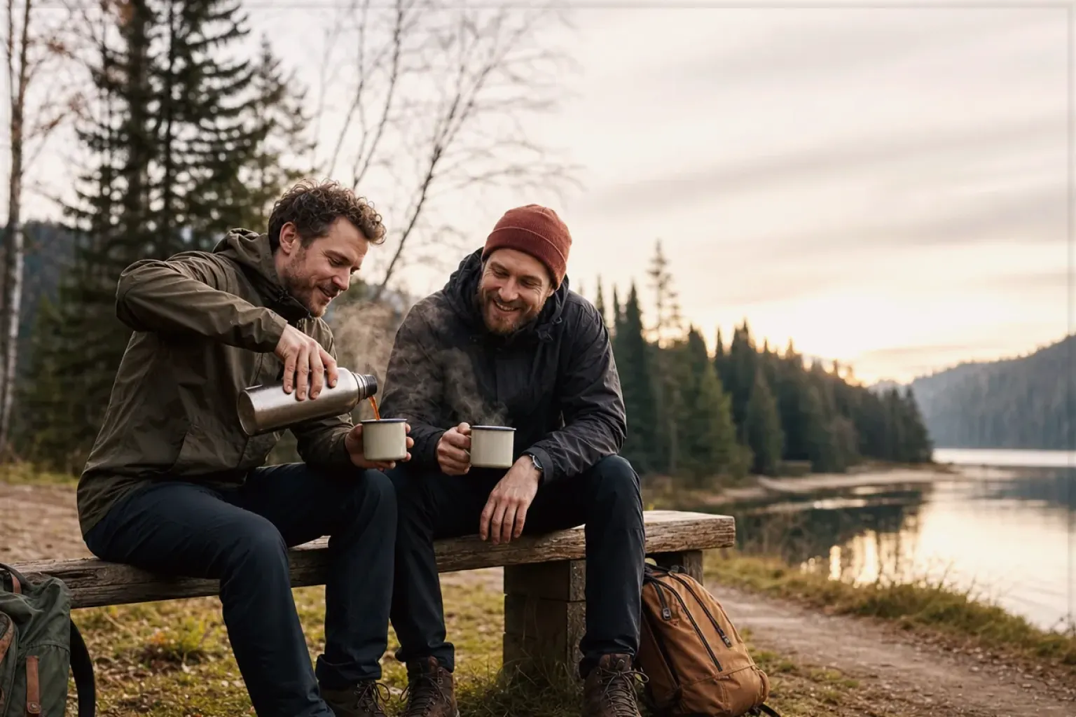 Zwei Freunde teilen auf einer Wanderung heißen Kaffee aus einer Thermoskanne am See – gezeigt für Kaffee verständlich entscheiden im Redaktionsseite.
