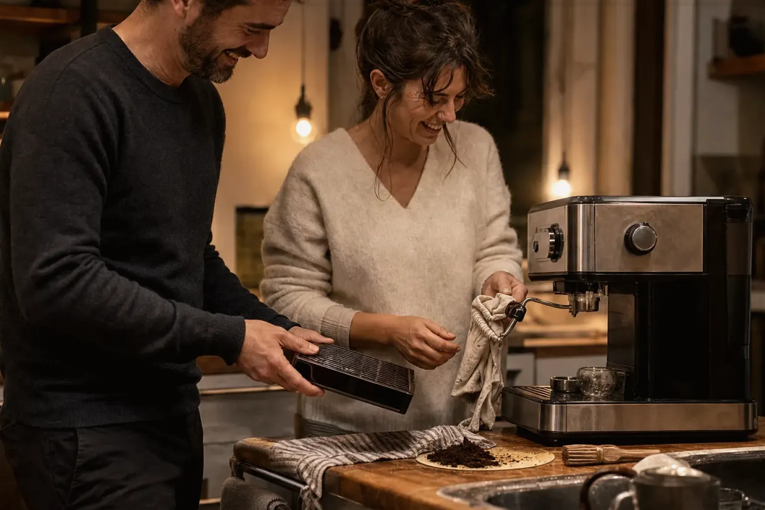 Ein Paar reinigt am Abend gemeinsam und gut gelaunt seine Espressomaschine in der Küche – gezeigt für Kaffee verständlich entscheiden im Redaktionsseite.