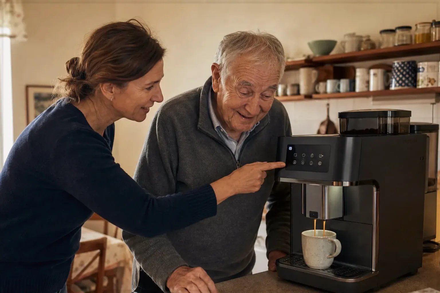 Eine erwachsene Tochter erklärt ihrem Vater verständlich die Bedienung eines Kaffeevollautomaten.