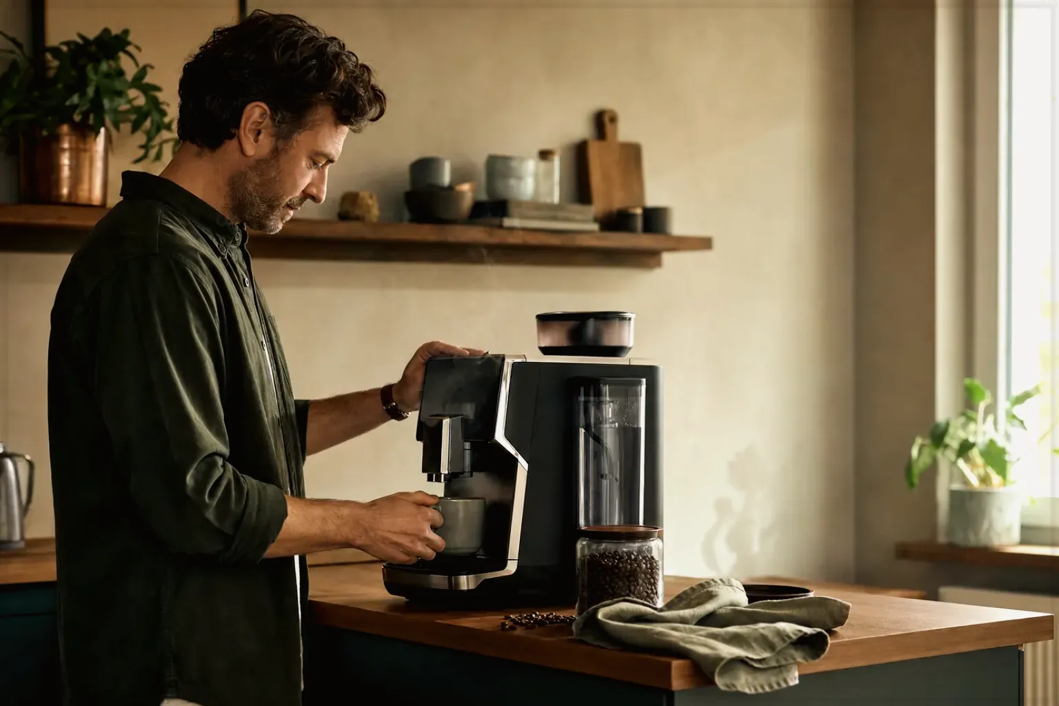Ein Mann bereitet morgens Kaffee an einem Vollautomaten in seiner Küche zu – gezeigt für Comandante C40 MK4 im Produktprofil.